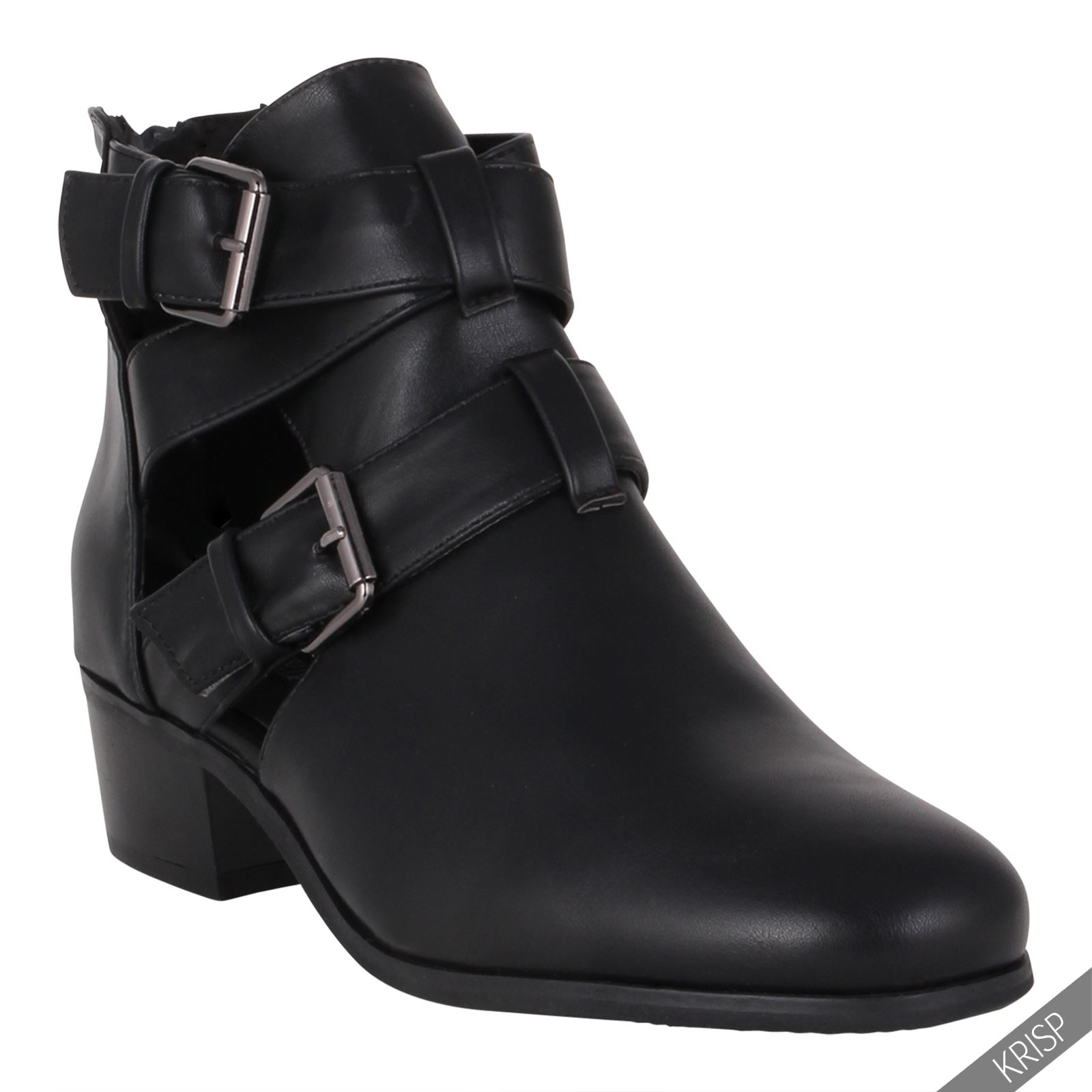 Women Cut Out Casual Low Flat Heel Buckle Ankle Boots Zip Back Chelsea