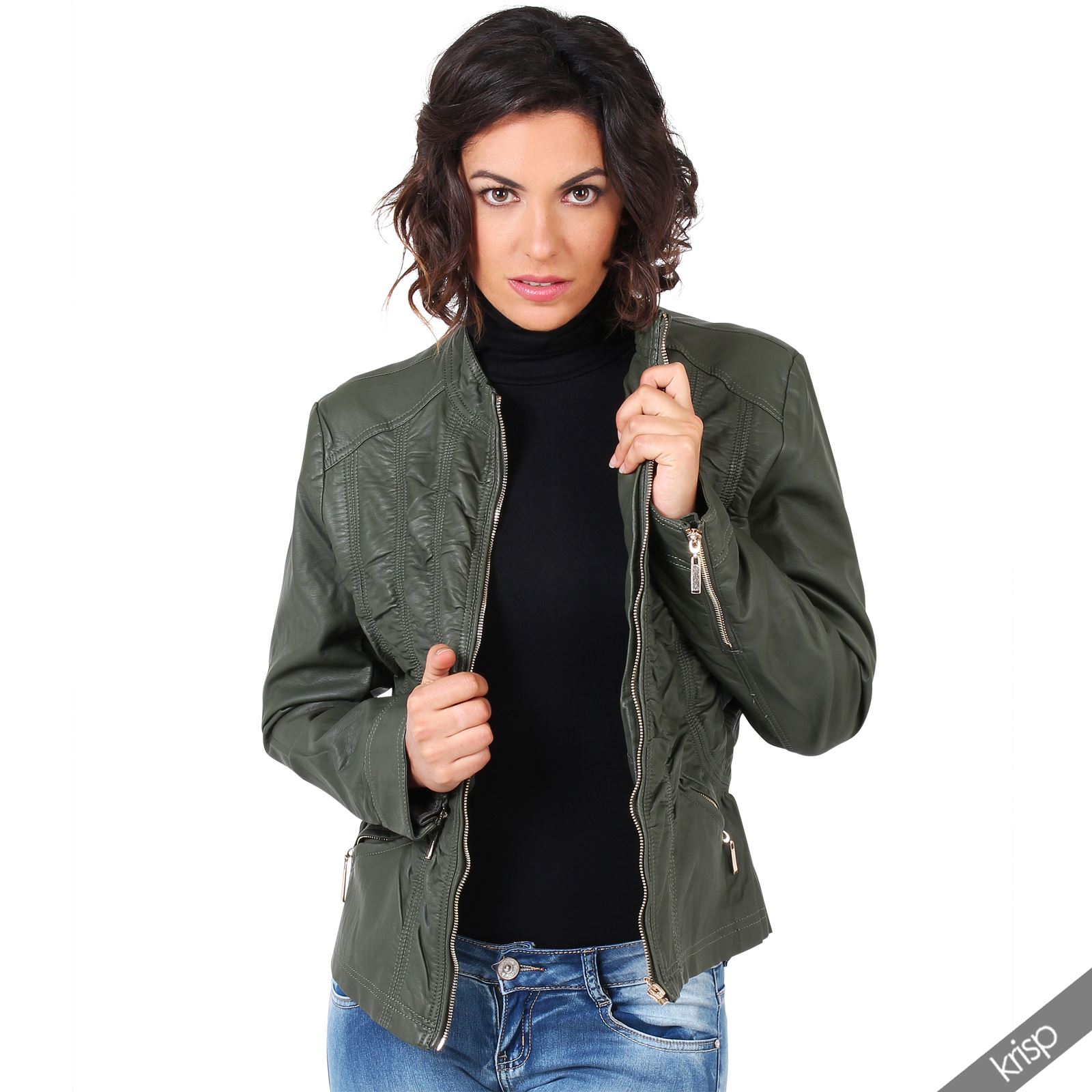 Womens Soft PU Leather Belted Collared Mac Jacket Vintage Coat Plus