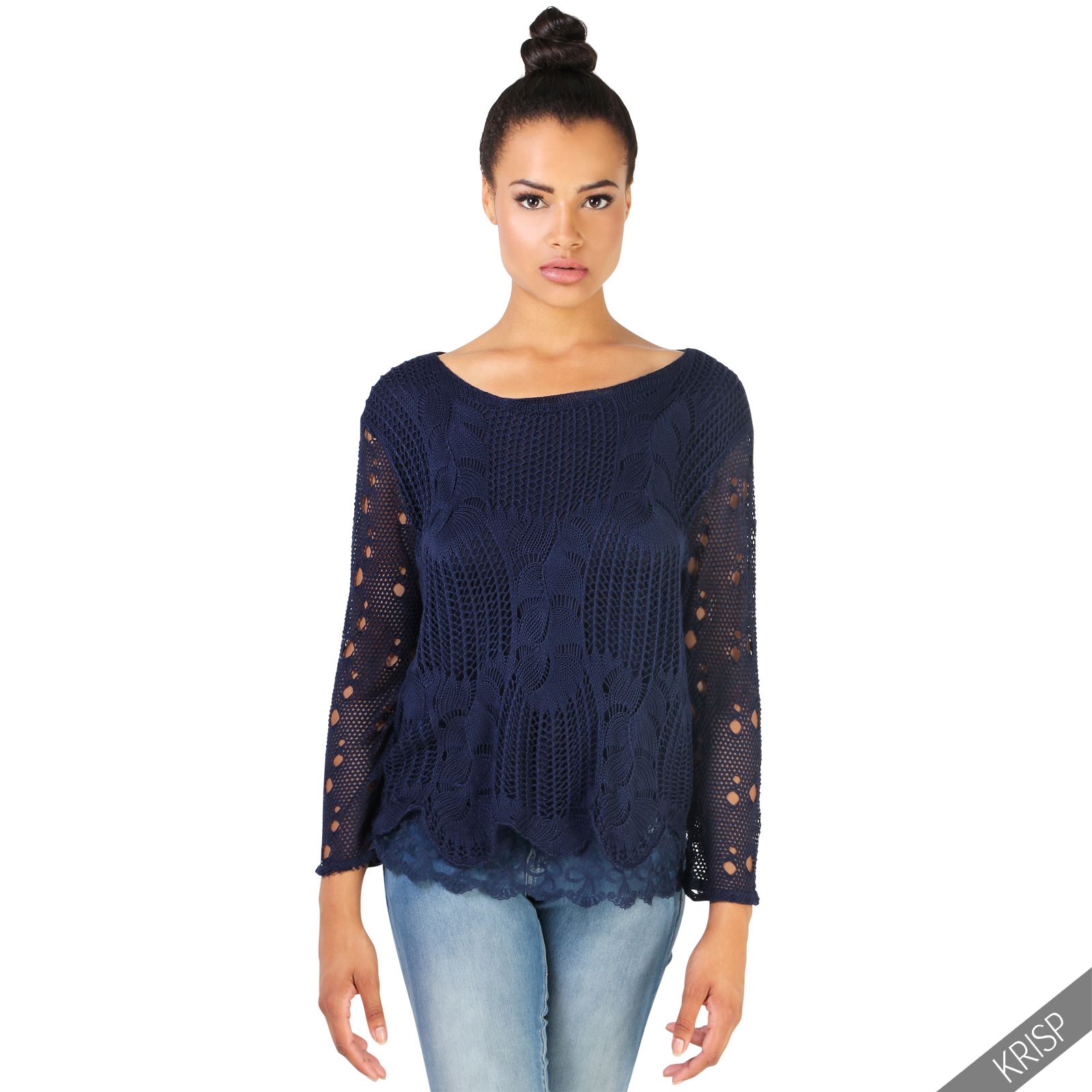 Womens Casual Crochet Knit Jumper Sweater Frilled Loose Retro Top