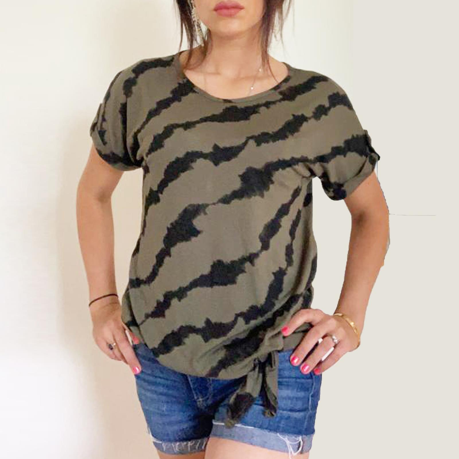 Camiseta Mujer Manga Corta Básica Nudo Anudada Estampada Blusa de mujer de manga corta anudada con estampado de