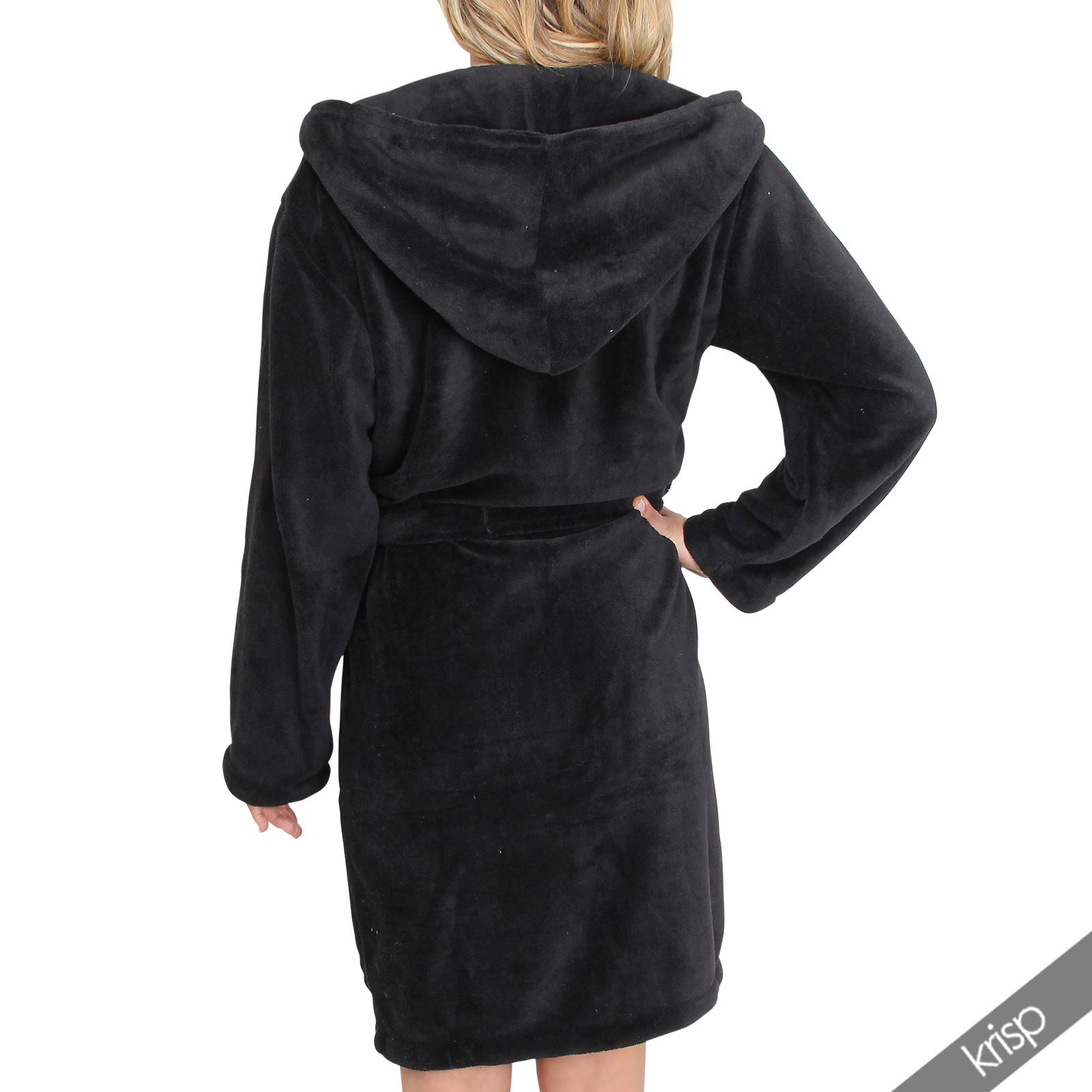 Womens Hooded Fleece Bathrobe Soft Dressing Gown Plain Hoodie Knee