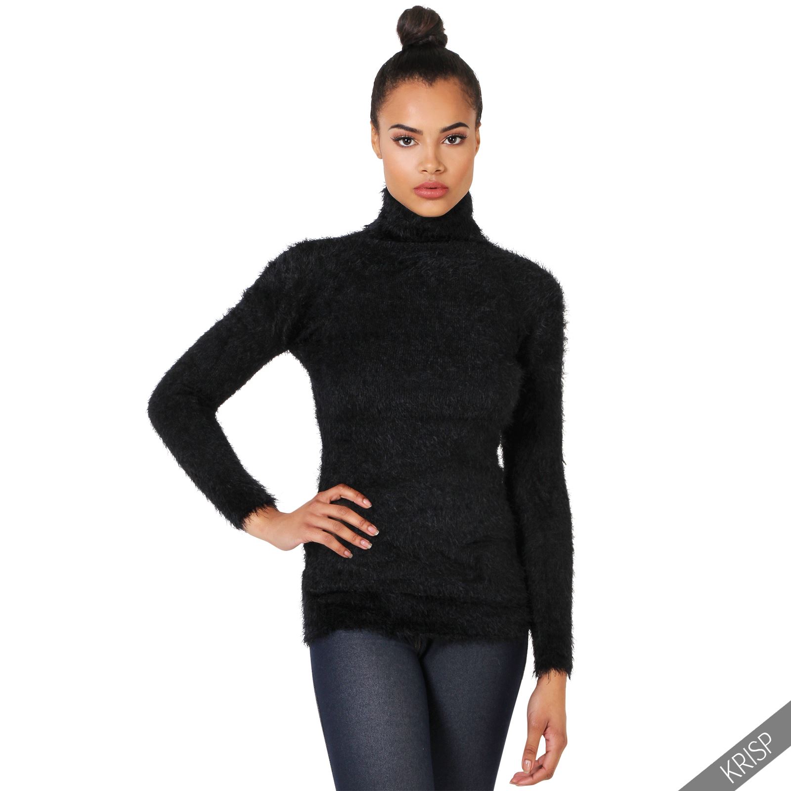 Womens Fluffy Knit Polo Roll Up Turtle Neck Jumper Pullover Ladies Long Top Xmas | eBay