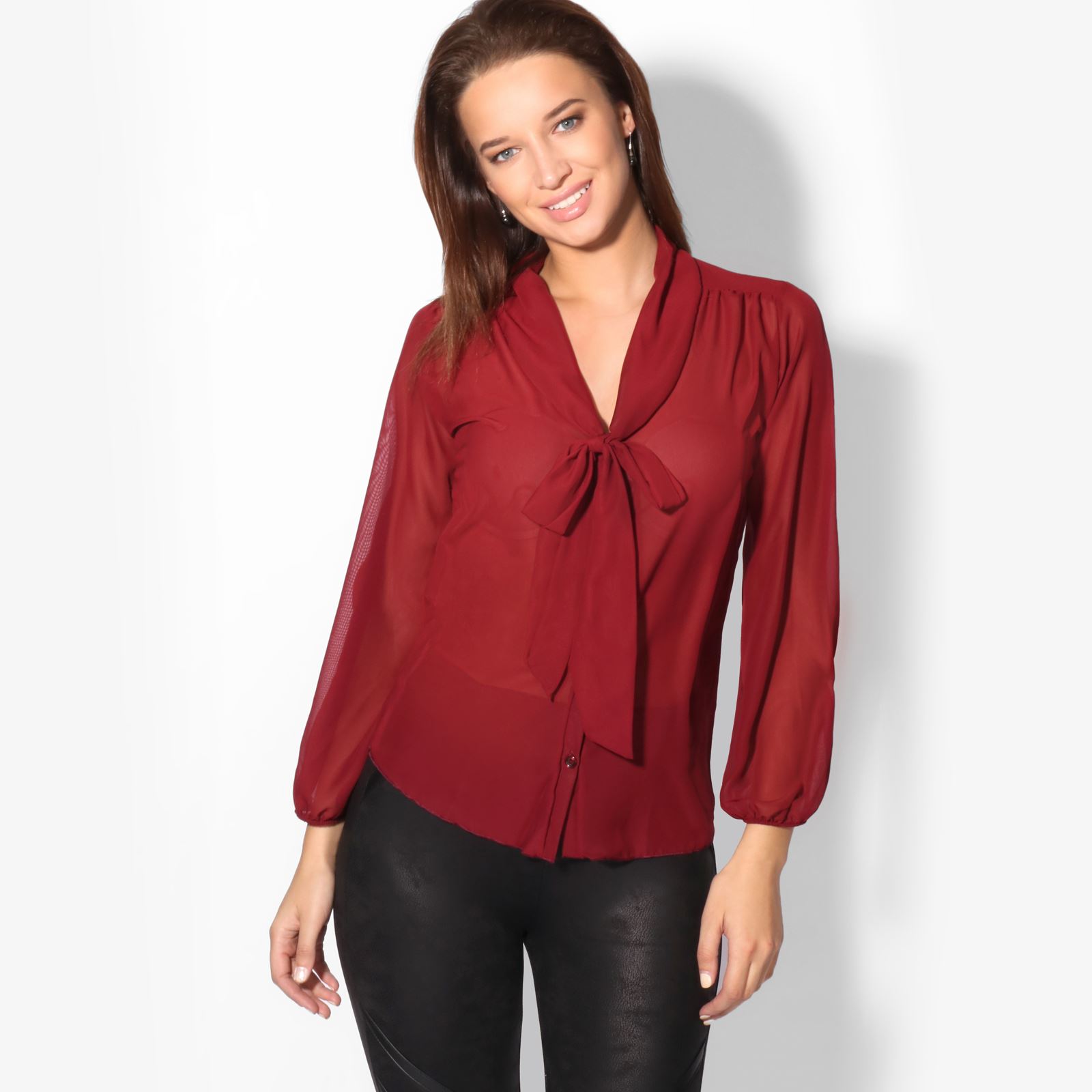 Women Ladies Bow Tie Chiffon Office Blouse Long Sleeve Work Button