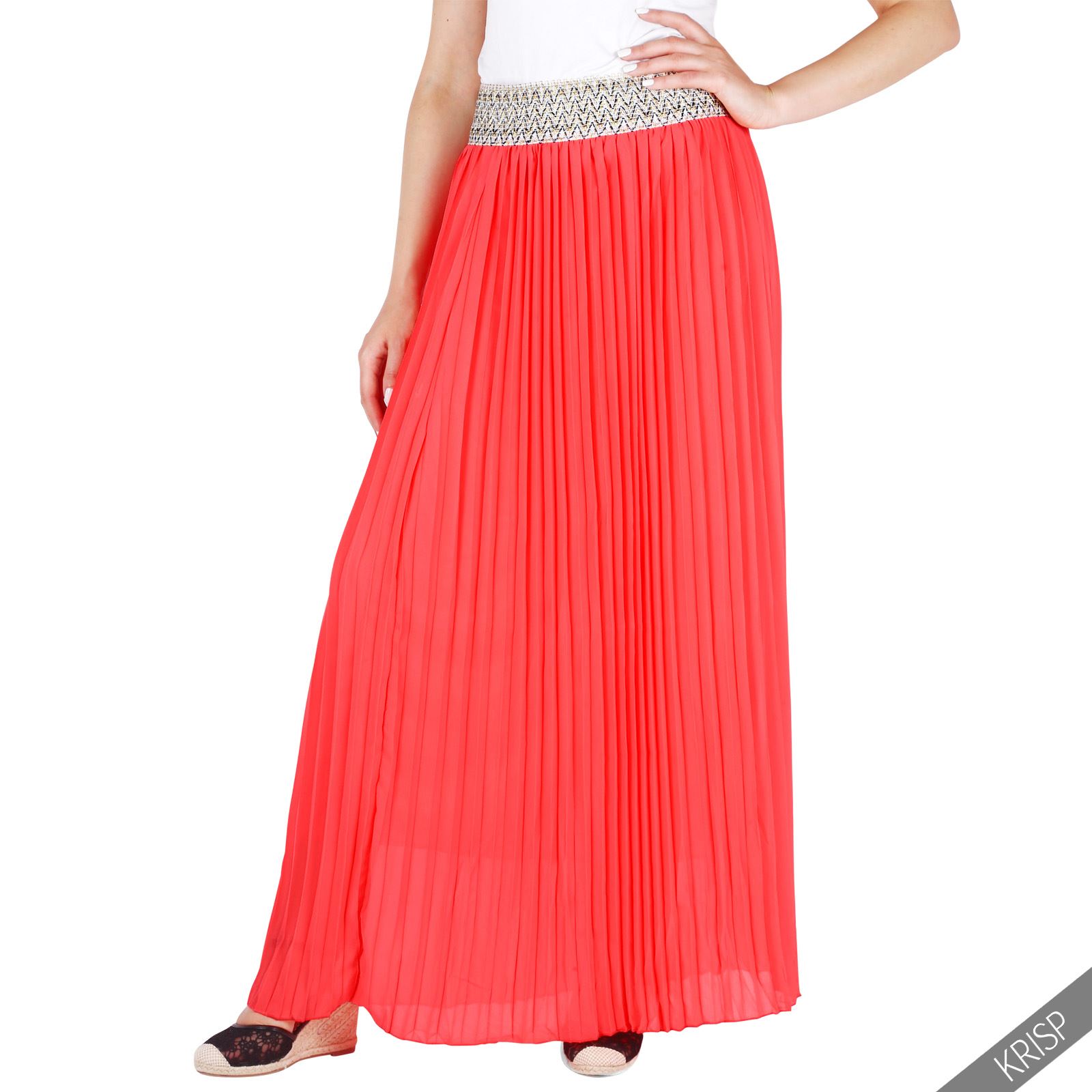 Womens Ladies Plain Pleated Elasticated Waist Vintage Chiffon Long Maxi