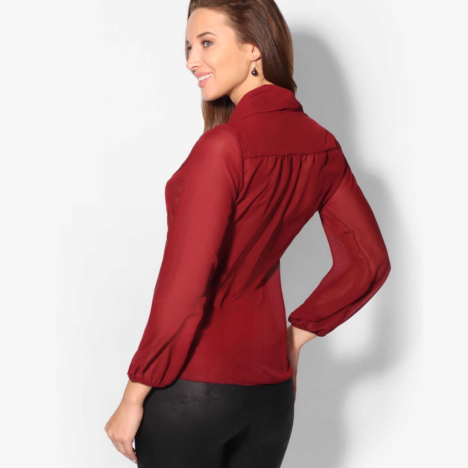 Women Ladies Bow Tie Chiffon Office Blouse Long Sleeve Work Button