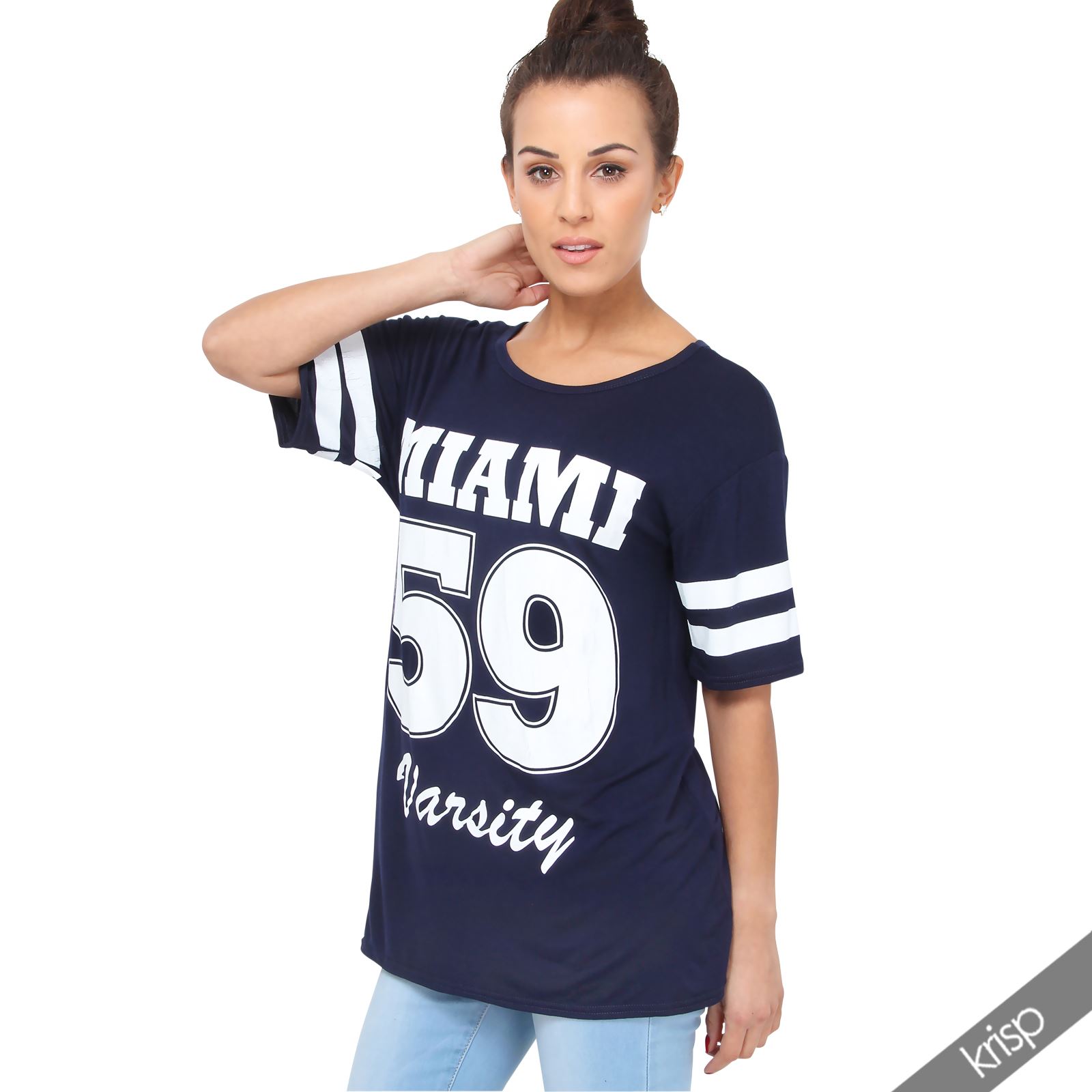 Womens Oversized American Varsity T Shirt Baggy Baseball Long Tee Top