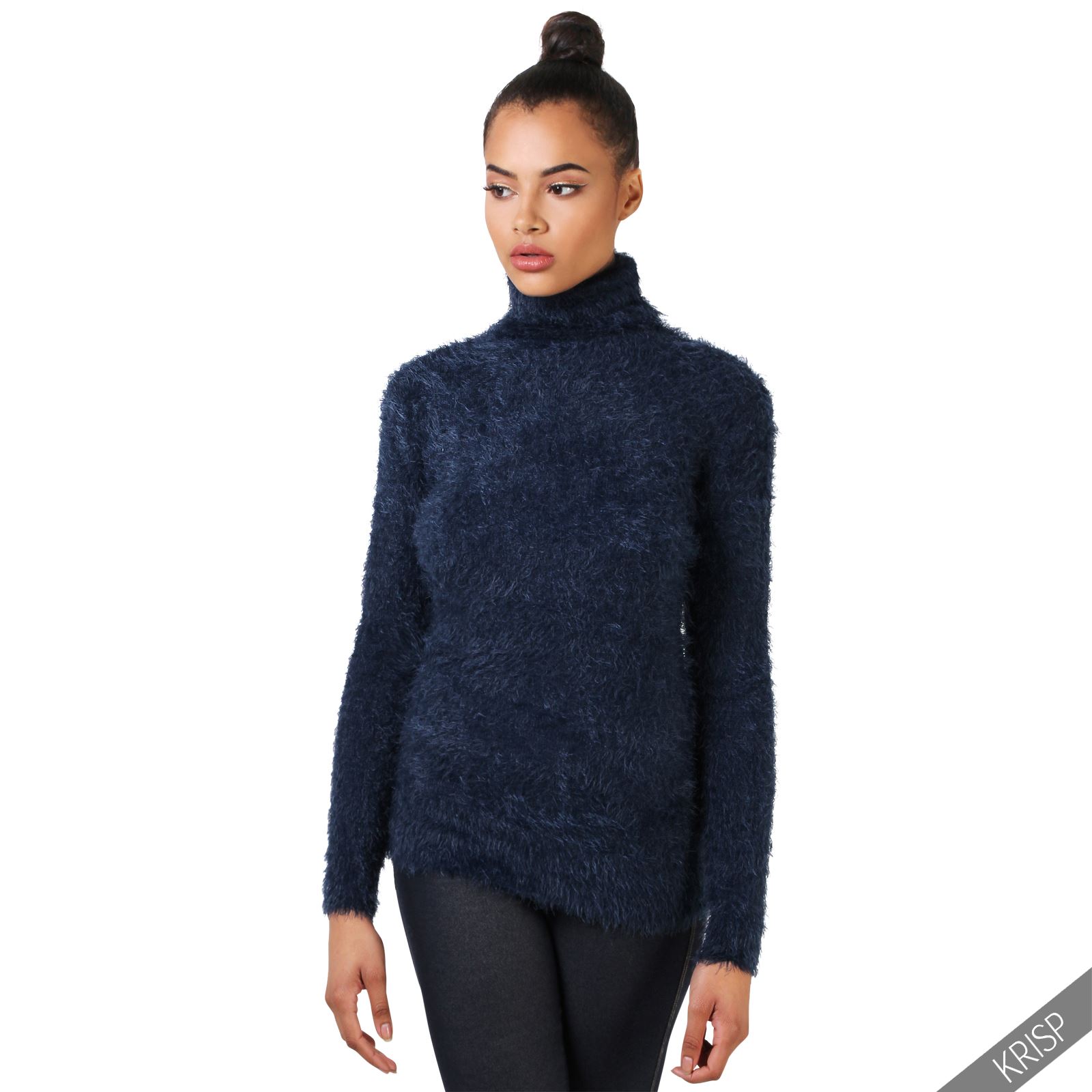 Womens Fluffy Knit Polo Roll Up Turtle Neck Jumper Pullover Ladies Long