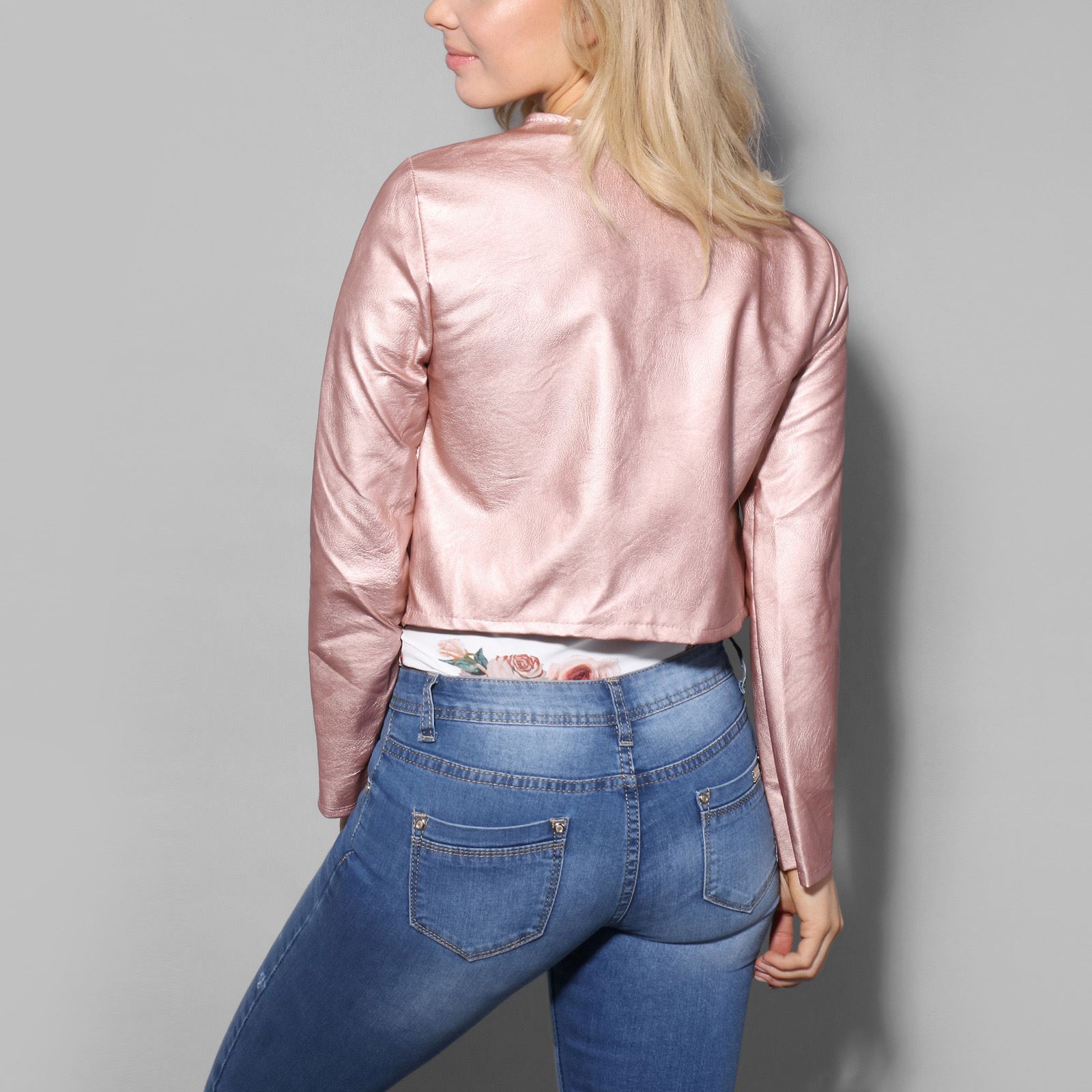 Women Ladies PU Leather Cropped Jacket Open Blazer Long Sleeve Bolero