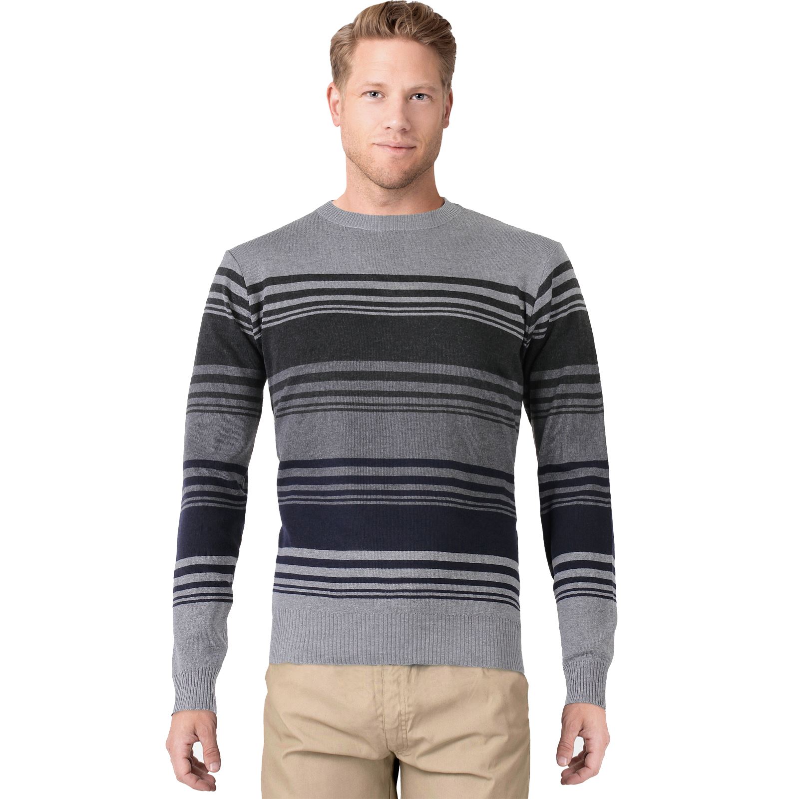 Mens Striped Wool Knit Smart Casual Crew Neck Jumper Sweater Pullover