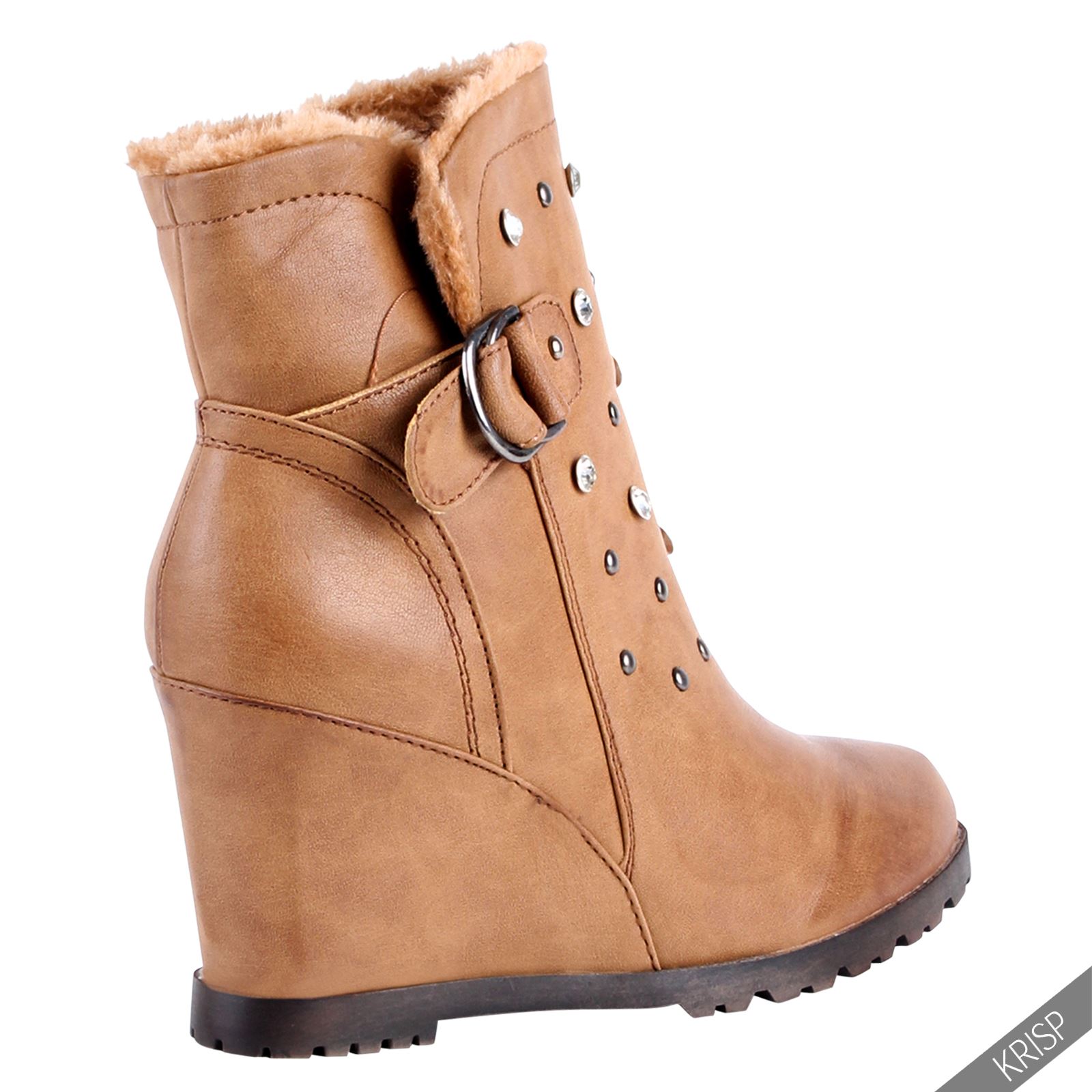 Women Fur Lined Studded Wedge Ankle Boots High Heel Ladies Winter Shoes