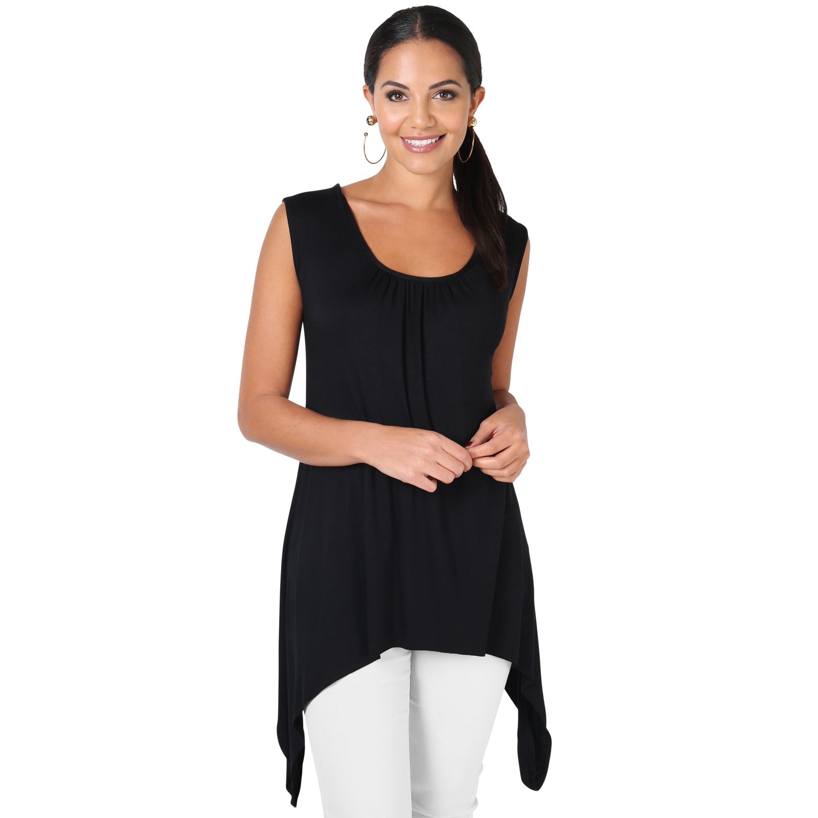 Womens Ladies Sleeveless Asymmetric Loose Fit Pleatead Tunic Vest Top Jersey US | eBay