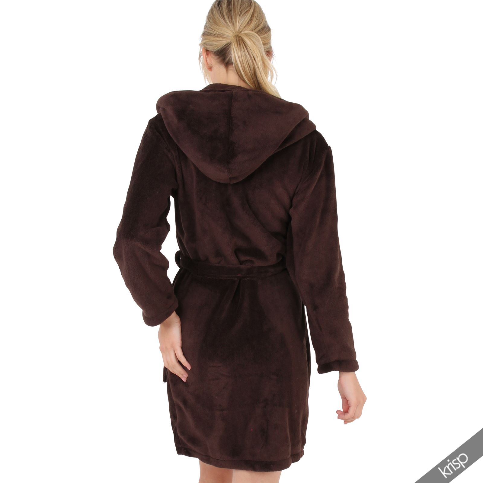 Womens Hooded Fleece Bathrobe Soft Dressing Gown Plain Hoodie Knee