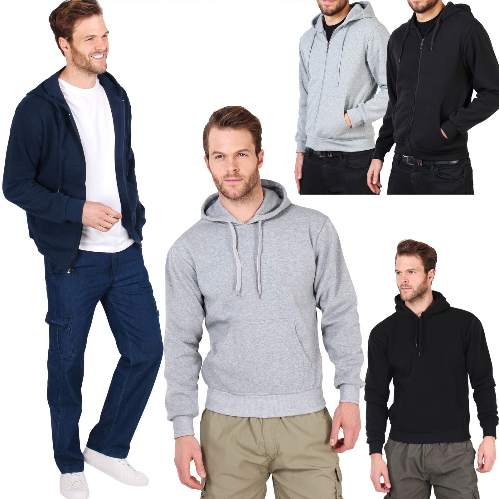 Men Plain Hooded Zipper Hoodie Crew Neck Sweat Shirt Top Jumper Sweater ...