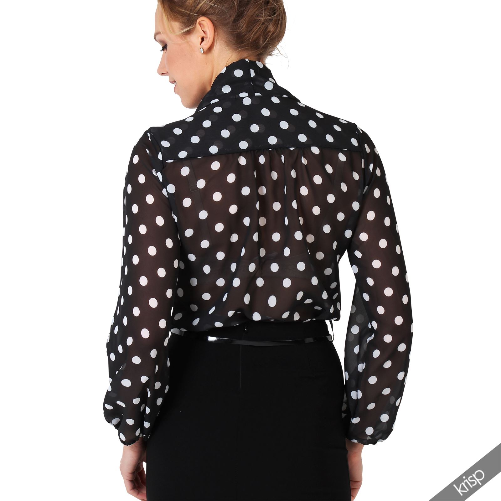 Women Retro Polka Dot Pleated Pussy Bow Tie Chiffon Blouse Top Button Shirt Work Ebay