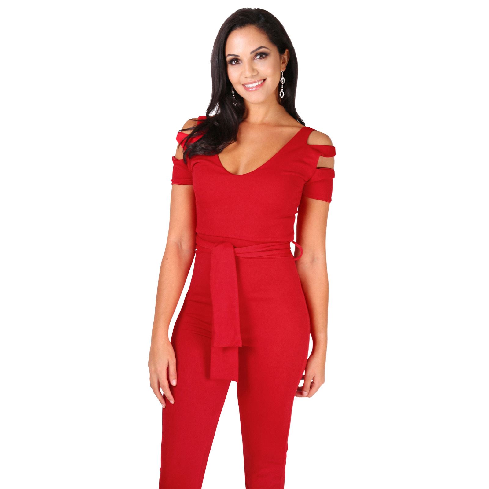 KRISP Women's Fashion Off Shoulder Tie Belted Cut Out Jumpsuit Romper