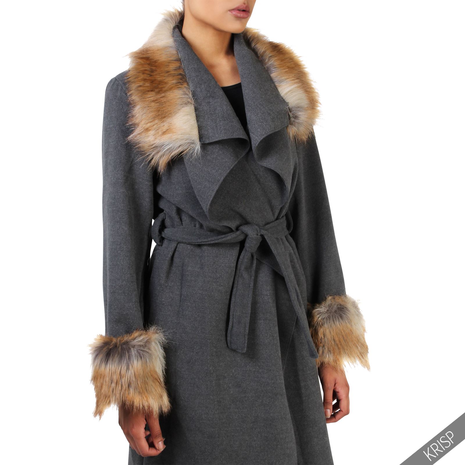 Women Faux Fur Collar Long Belted Coat Ladies Woolen Jacket Blanket