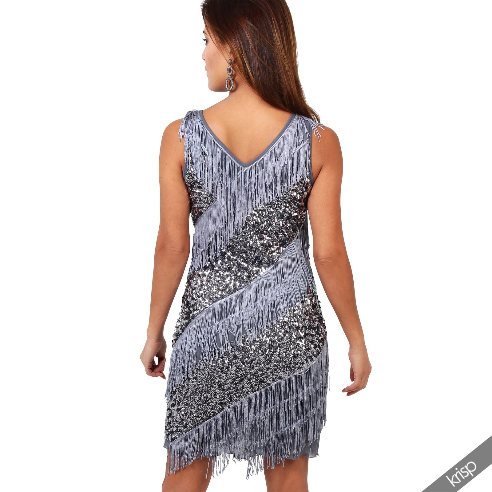 Womens Vintage Sequin Fringe Tassel Flapper Swing Gatsby Cocktail Dress