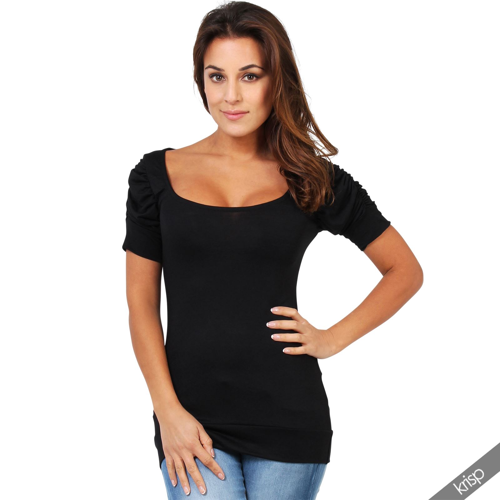 Download Womens Ladies Ruched Pleated Sleeve Plain Stretch Jersey ...