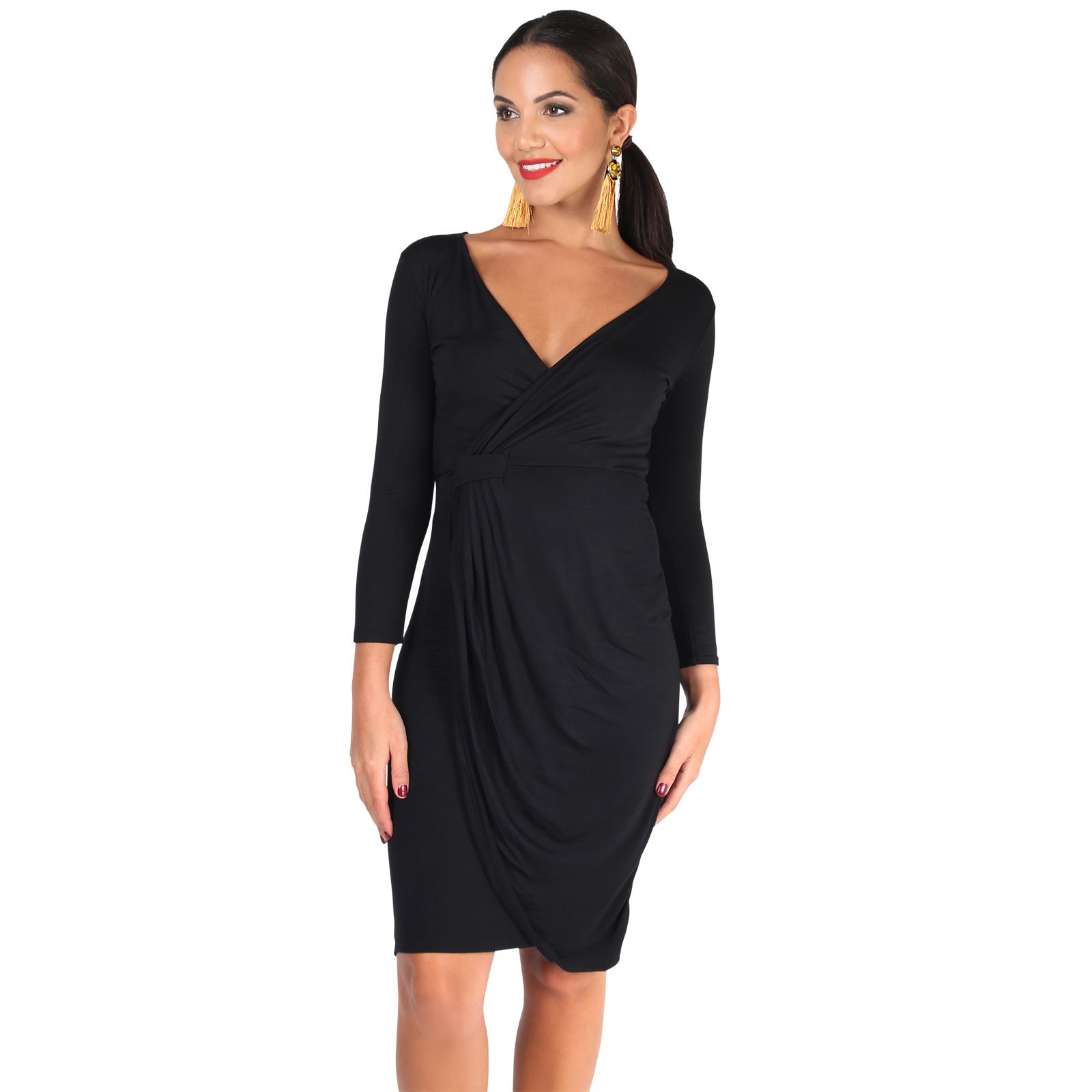 Womens Ladies Casual 3/4 Sleeve Cross Over V Neck Wrap Dress Knee