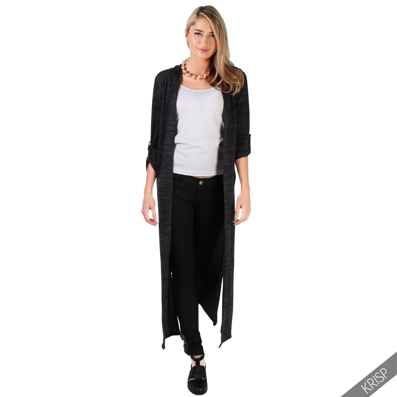 Women Long Length Cardigan Coat Soft Knit Hooded Slit Side Open Basic