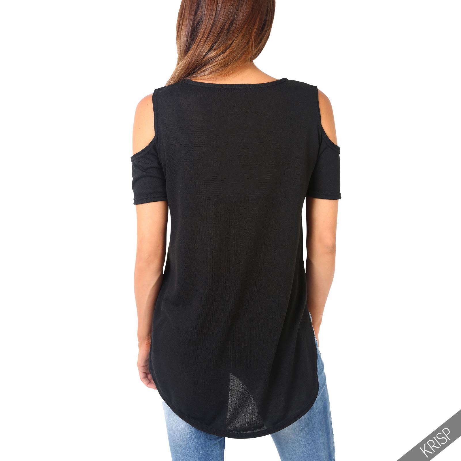 NEW WOMENS LADIES MARL KNIT CUT OUT SLEEVE COLD SHOULDER ASYMMETRIC T SHIRT TOP