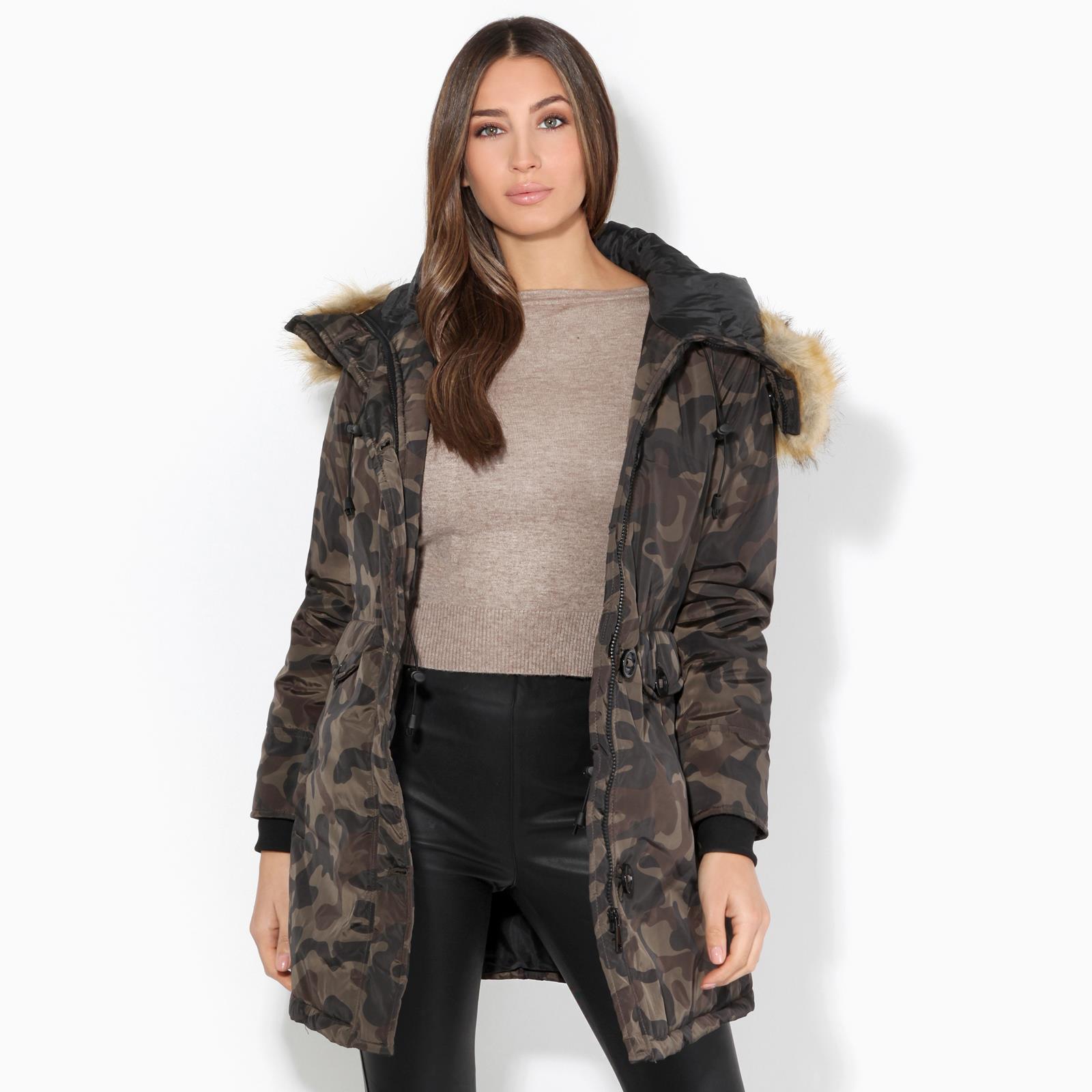 Womens Ladies Puffer Jacket Military Parka Fur Hooded Camouflage Camo