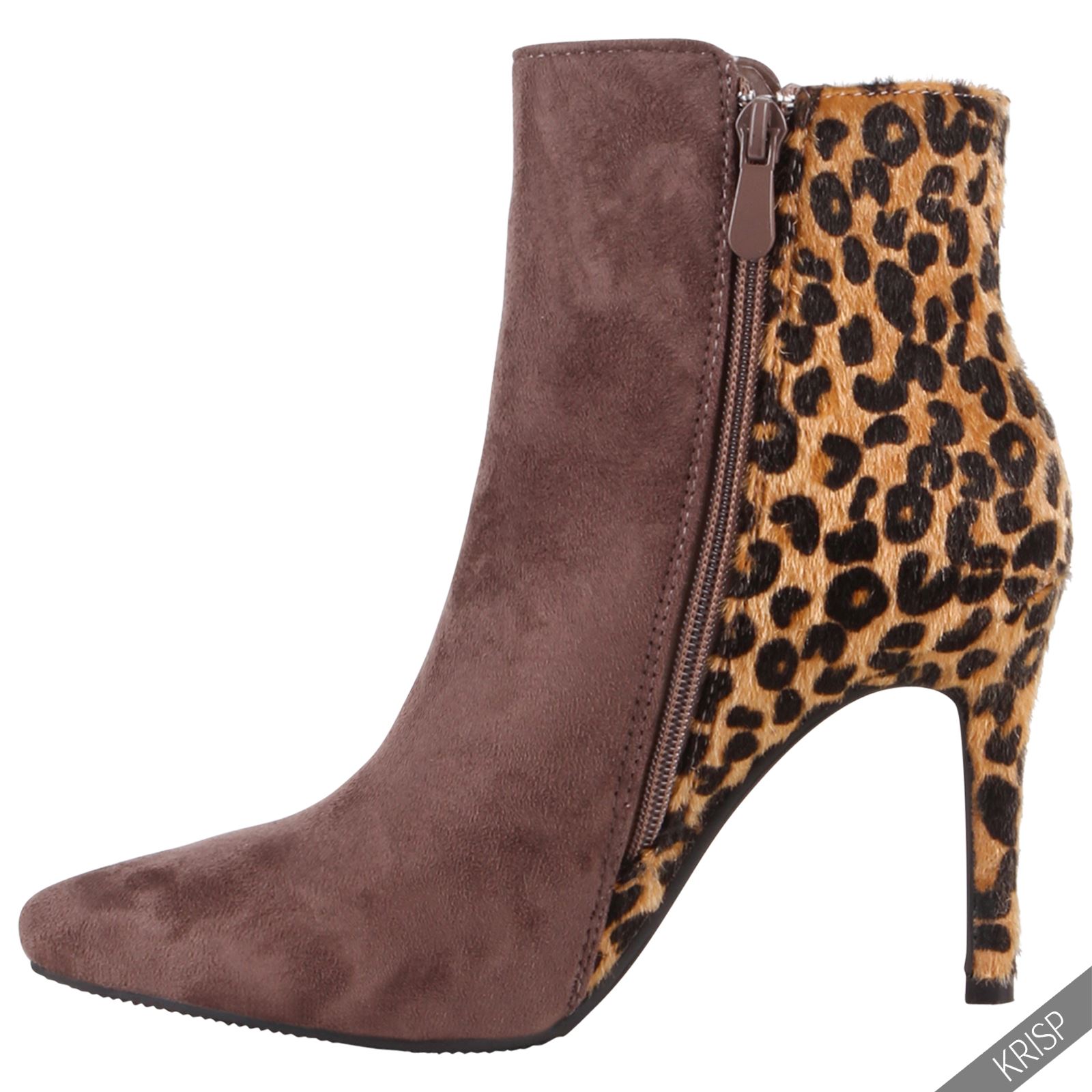 Womens Fur Lined Leopard Pony High Heel Ankle Boots Ladies Winter Heels