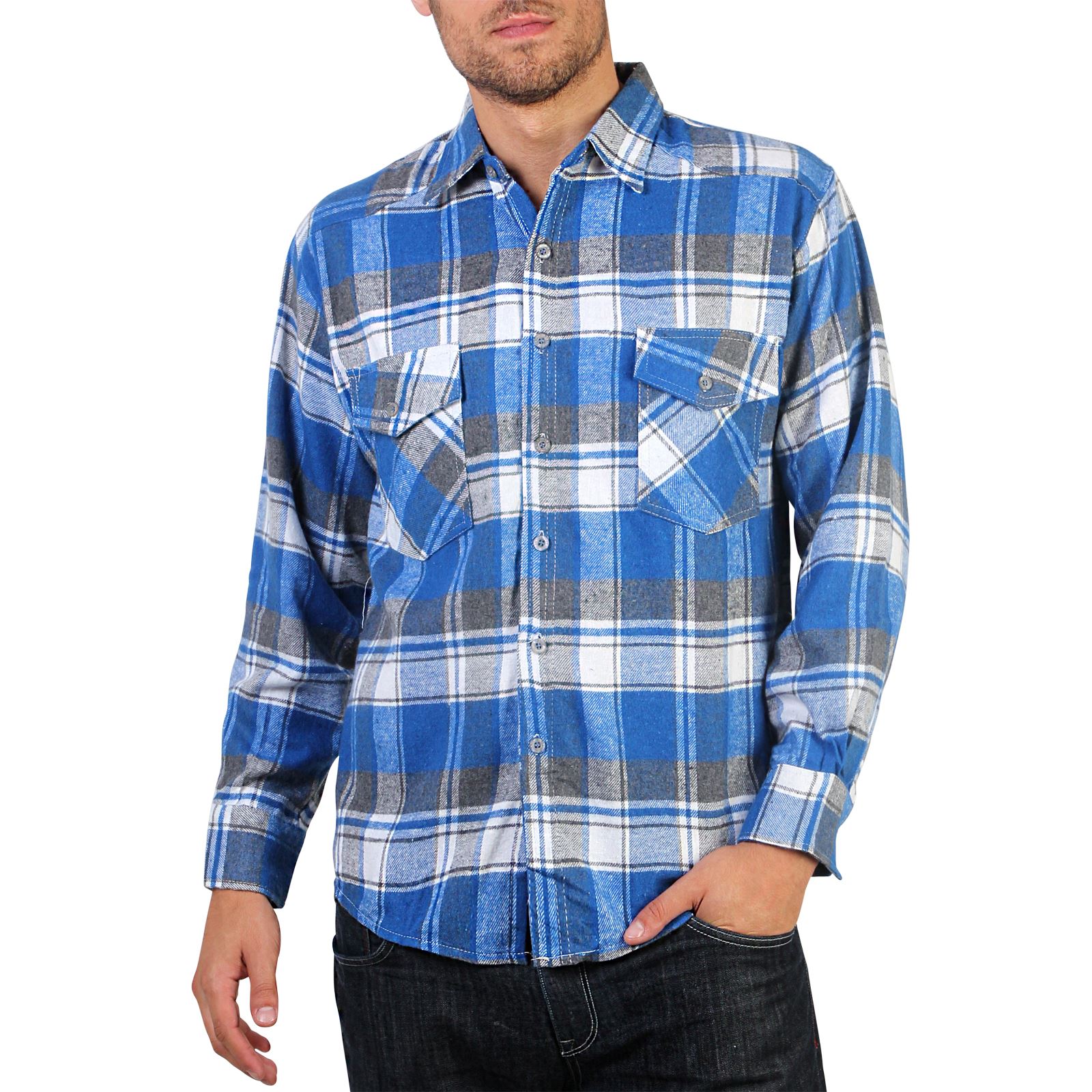 Mens Flannel Brushed Cotton Lumberjack Check Long Sleeve Shirt Work
