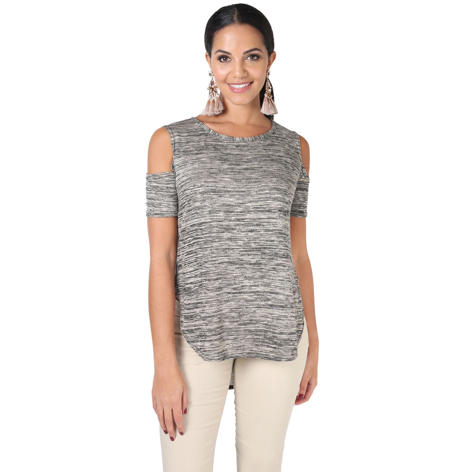 NEW WOMENS LADIES MARL KNIT CUT OUT SLEEVE COLD SHOULDER ASYMMETRIC T SHIRT TOP