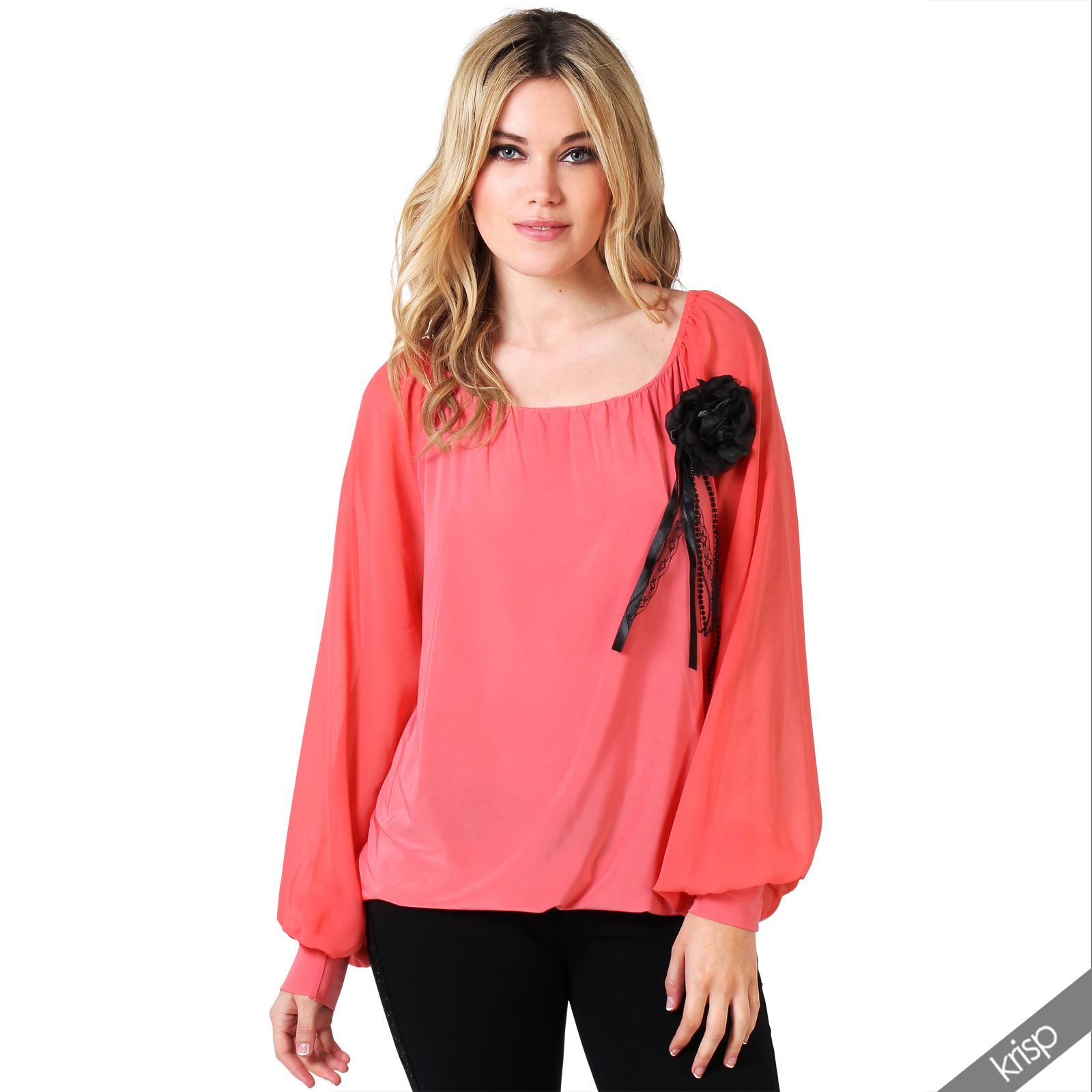 Womens Boho Gypsy Off Shoulder Contrast Flower Chiffon Sleeve Top
