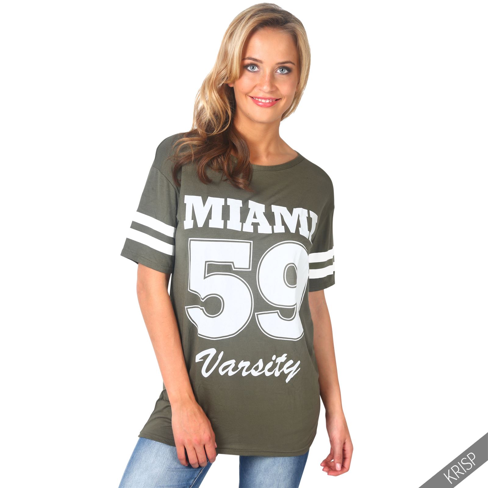 Womens Oversized American Varsity T Shirt Baggy Baseball Long Tee Top