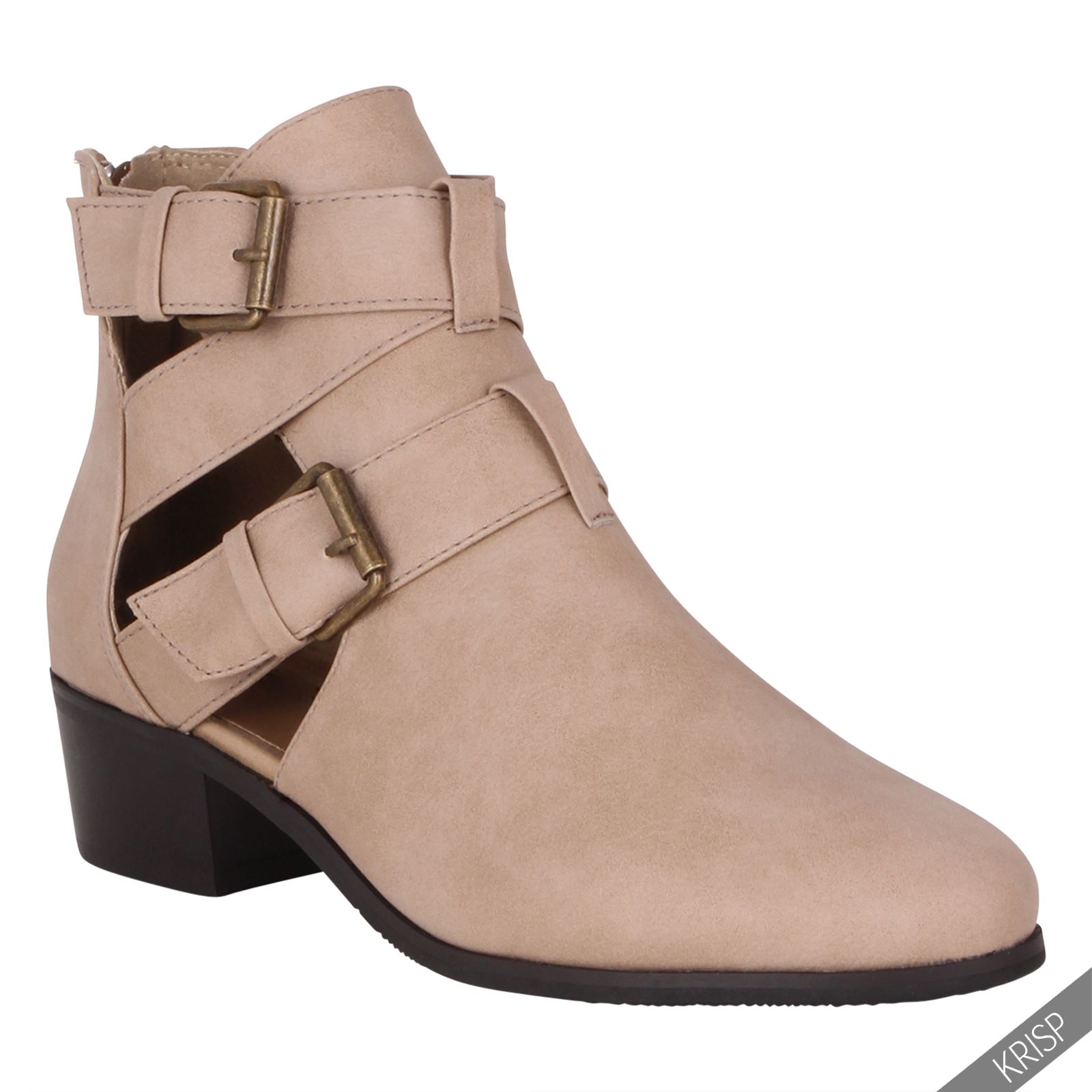 Women Cut Out Casual Low Flat Heel Buckle Ankle Boots Zip Back Chelsea