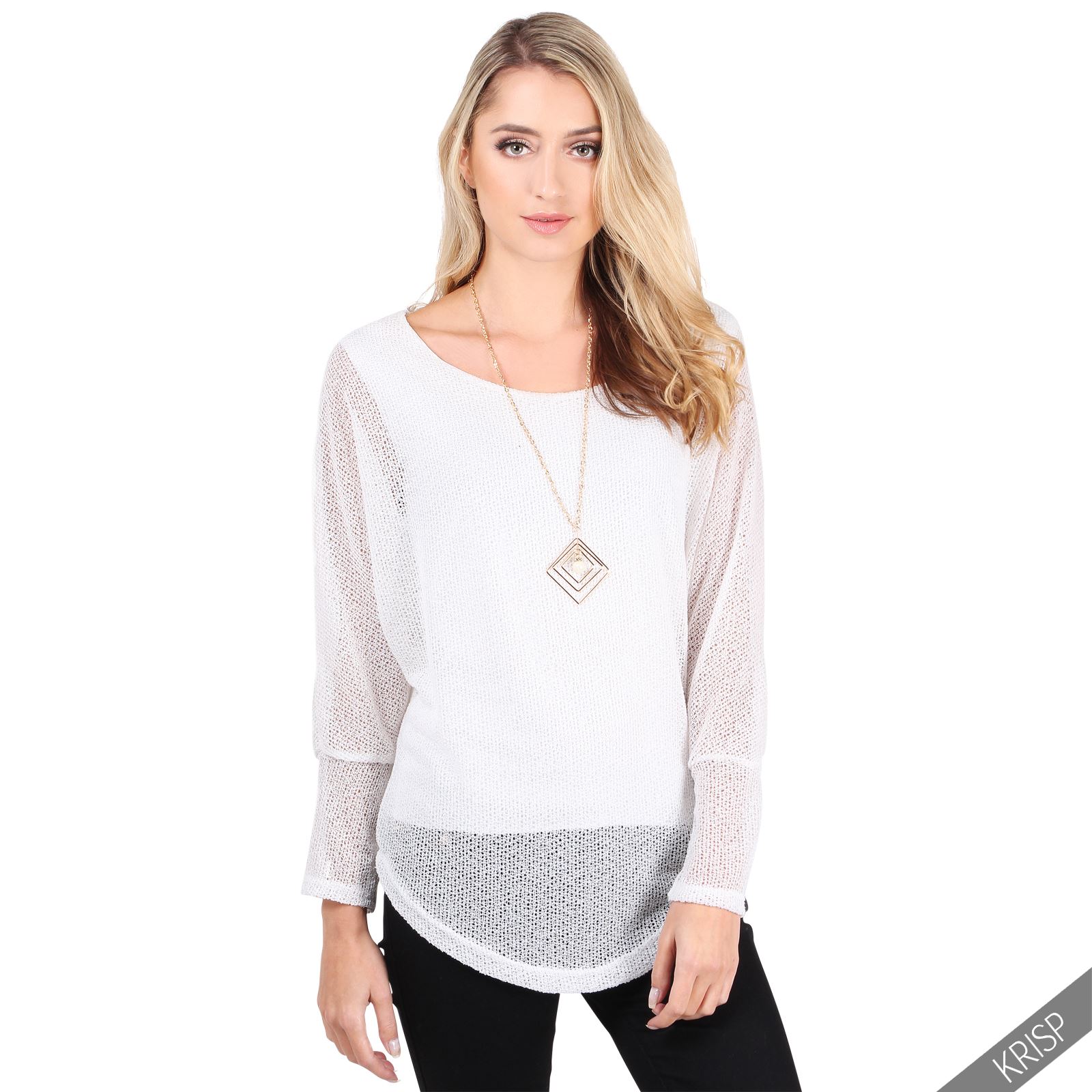 Womens Ladies Mesh Knitted Batwing Jumper Oversize Casual Boyfriend