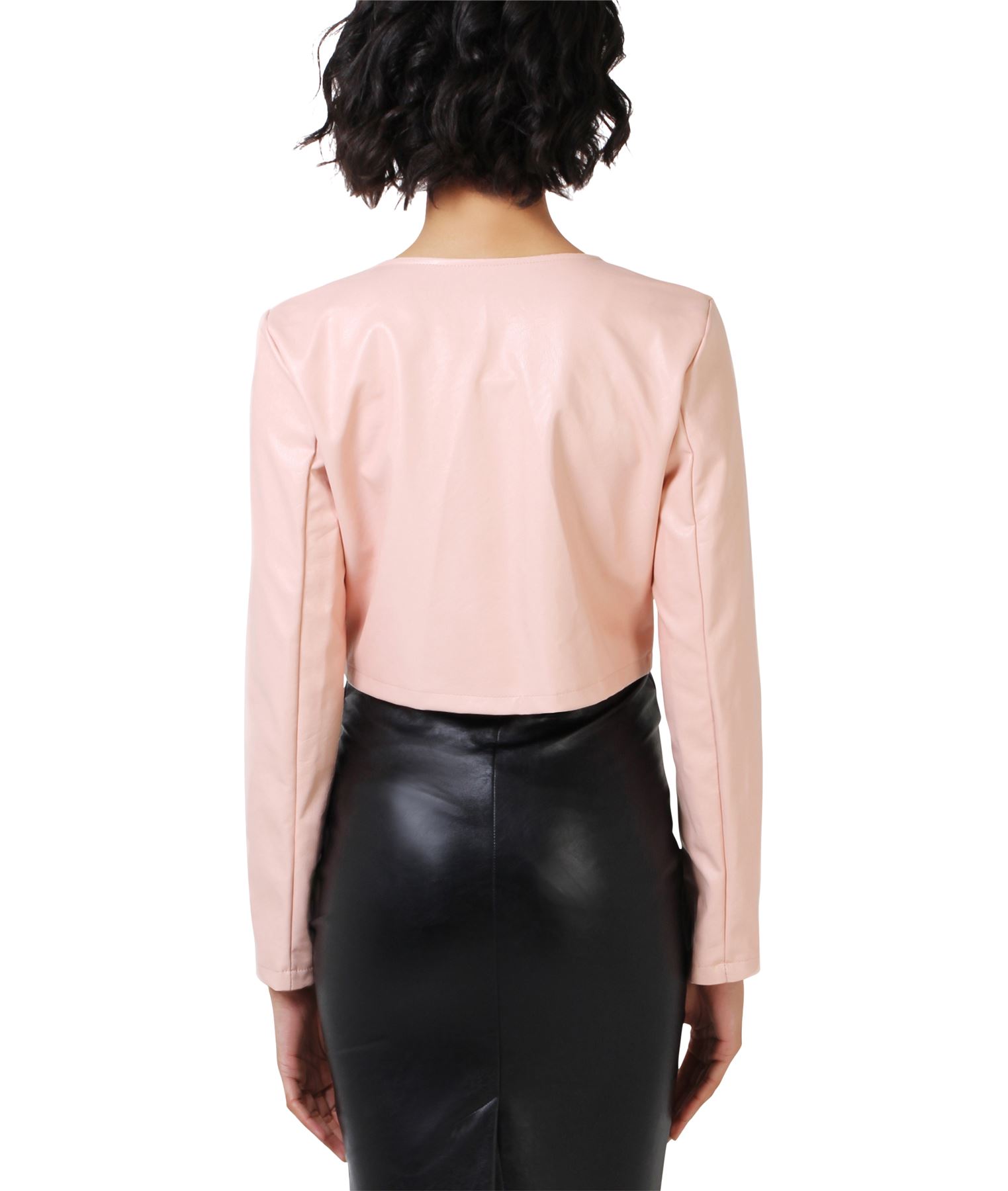 Womens Cropped PU Open Leather Blazer Jacket Long Sleeve Bolero Shrug