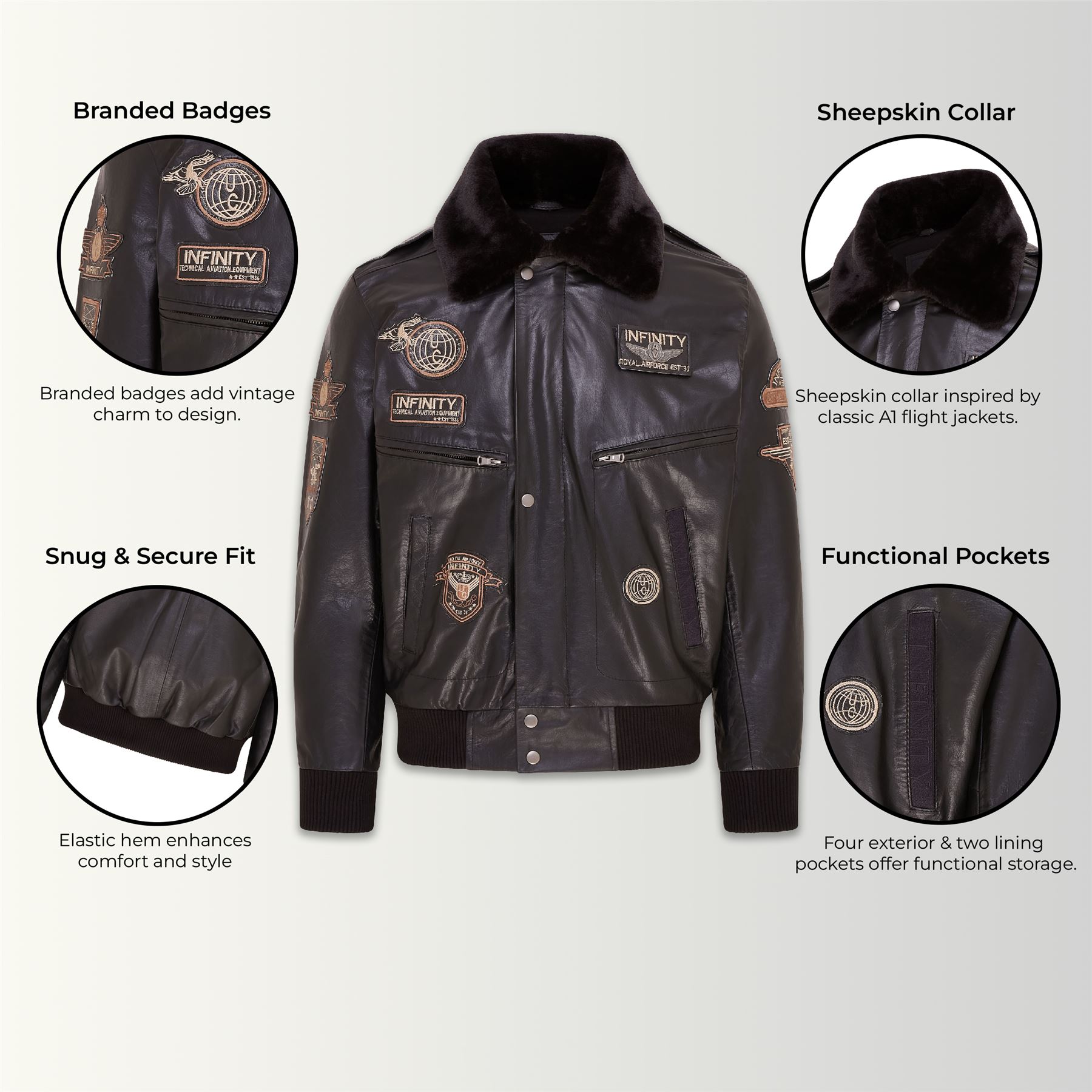 Mens Leather Bomber Jacket Air Force Badge Pilot Flying US Aviator Jacket - Picture 3 of 13