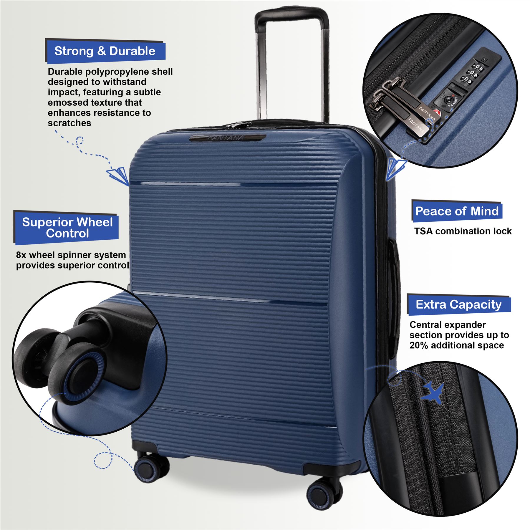 Expandable Hard Shell Navy Blue PP 8 Wheel Luggage Travel Cabin Suitcase Set - Picture 16 of 49