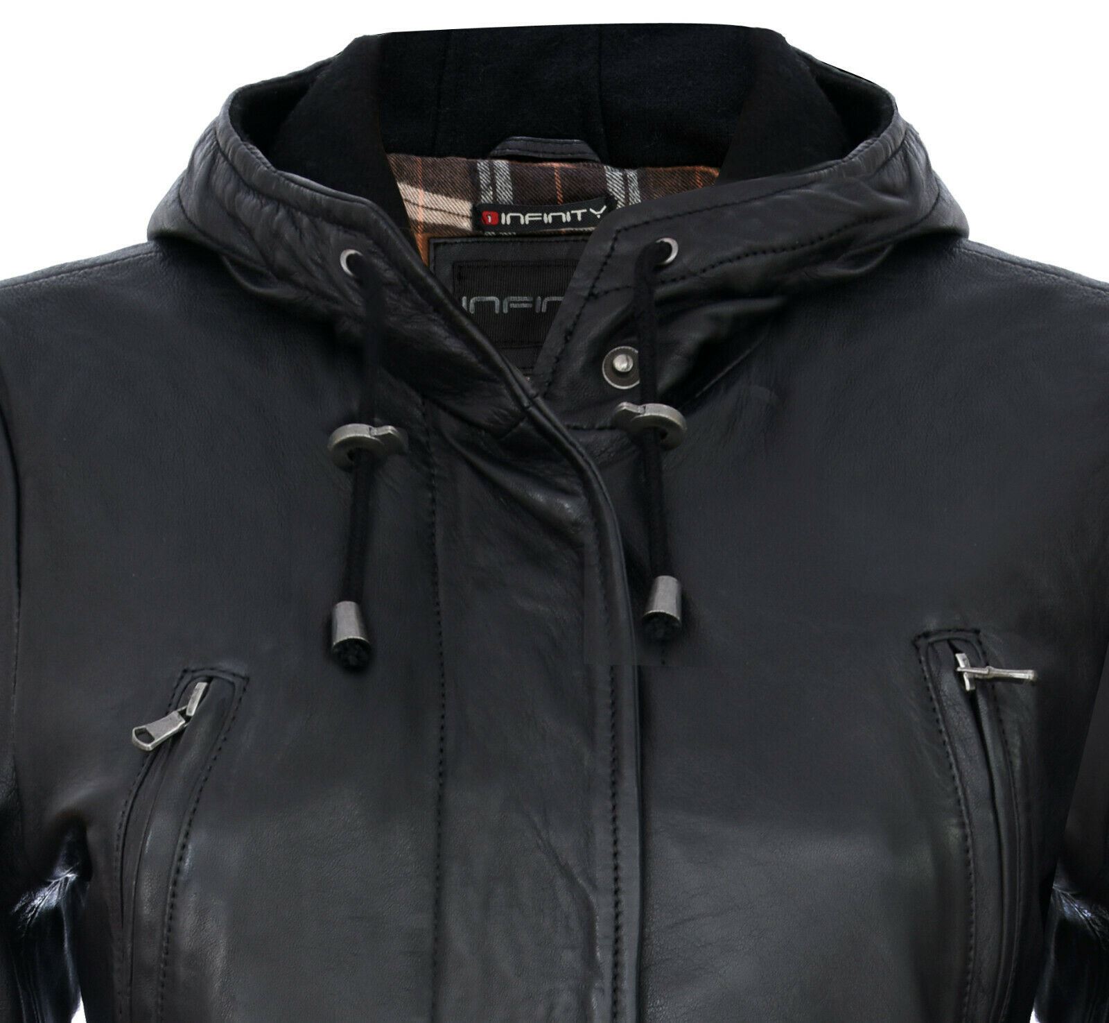 Women's Leather Hooded Parker Jacket Multi-Pocket Trench Coat - Picture 7 of 26