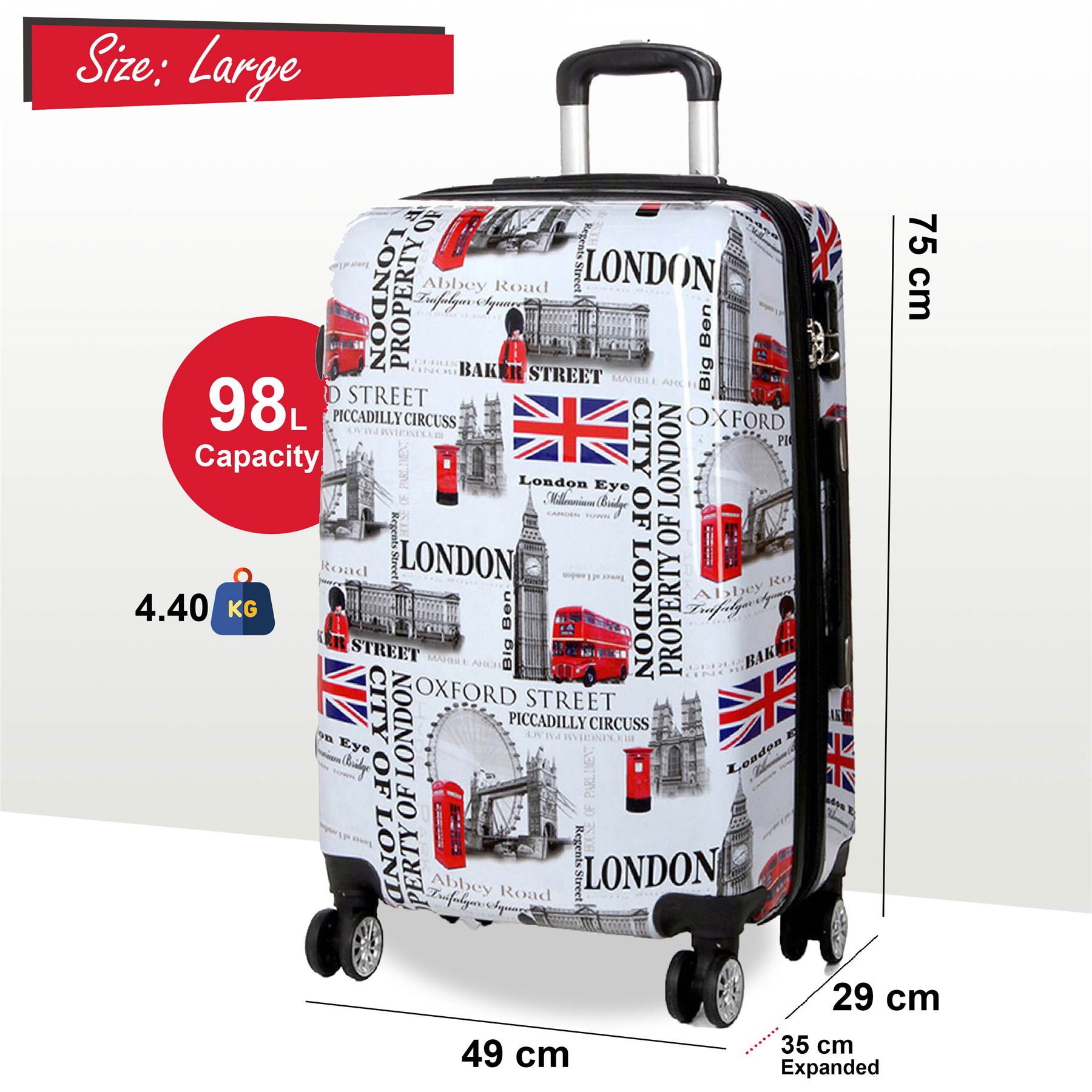 Juego de maletas rígidas expandibles fuertes de 8 ruedas con estampado equipaje cabina bolsa de viaje - Imagen 7 de 12