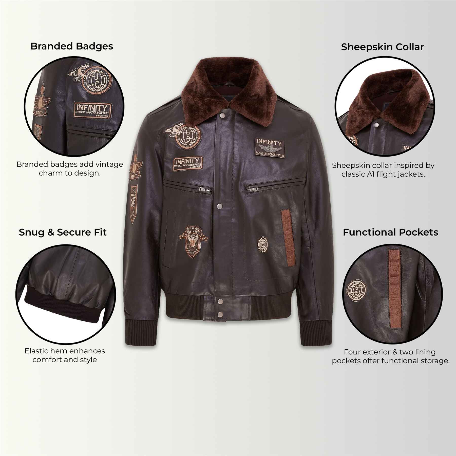 Mens Leather Bomber Jacket Air Force Badge Pilot Flying US Aviator Jacket - Picture 9 of 13