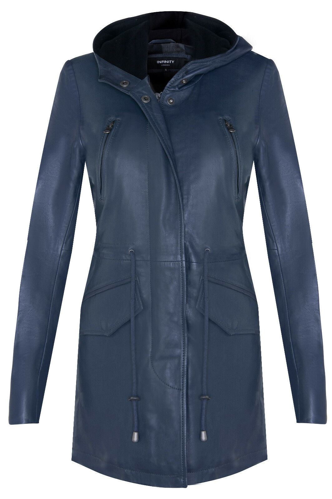 Women's Leather Hooded Parker Jacket Multi-Pocket Trench Coat - Picture 8 of 26