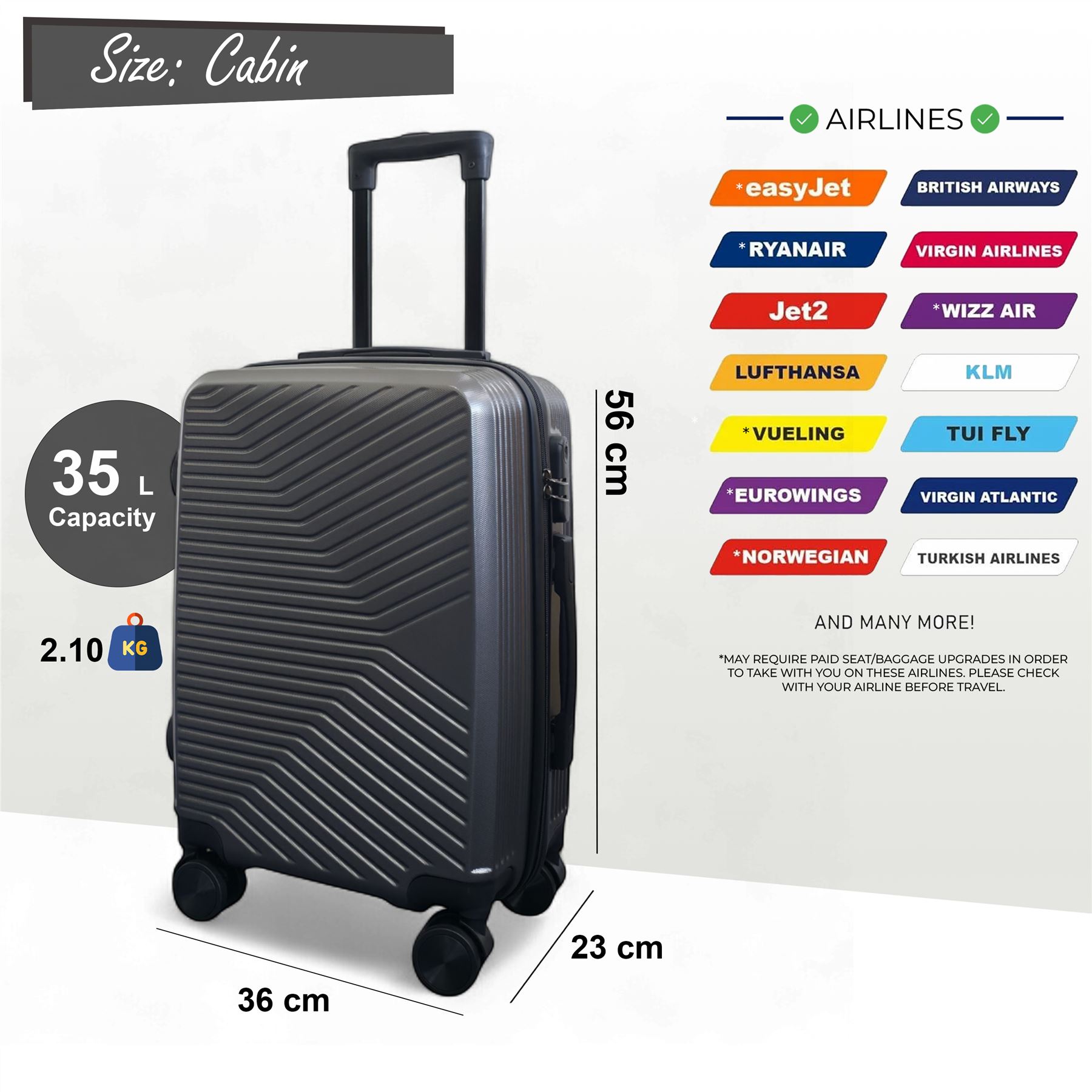 Strong Secure Grey Hardshell Grey Set Dual 4 Wheel ABS Trolley Cabin Suitcase - Picture 12 of 31