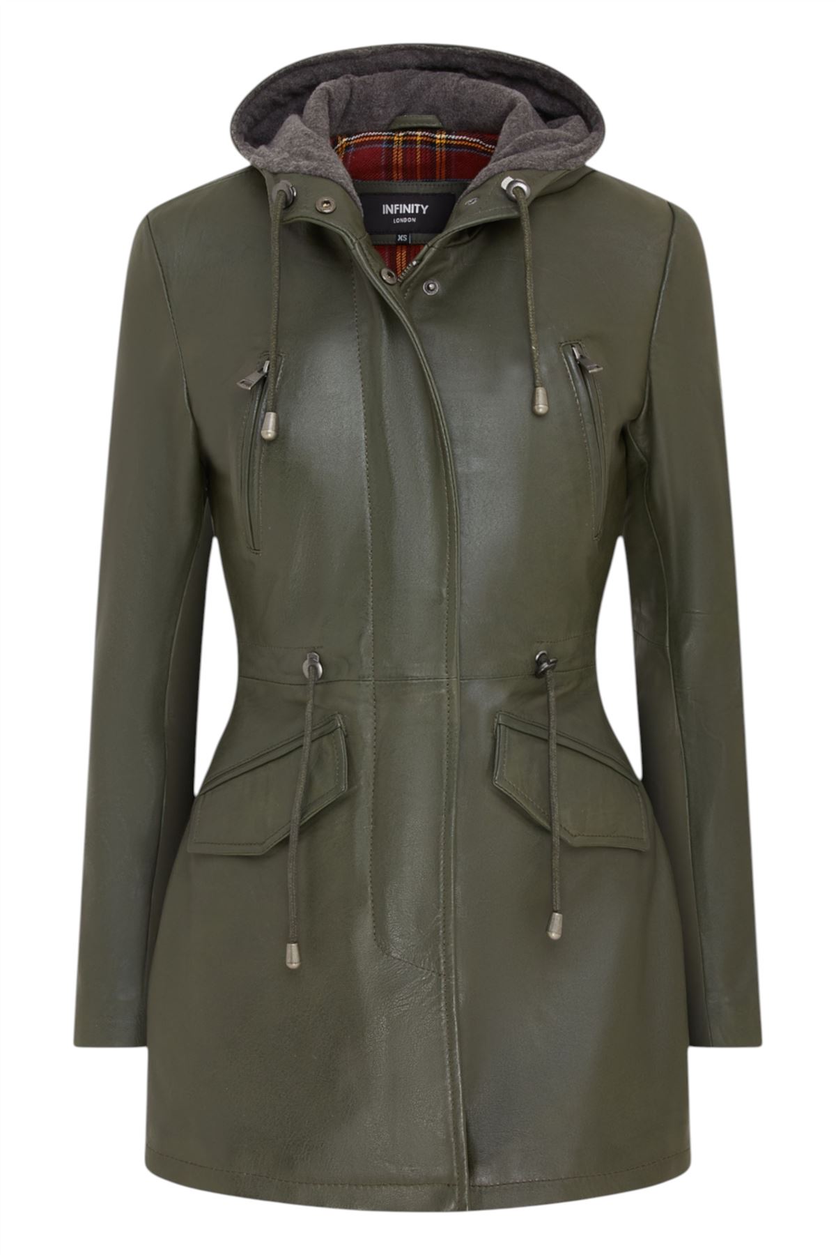 Women's Leather Hooded Parker Jacket Multi-Pocket Trench Coat - Picture 20 of 26