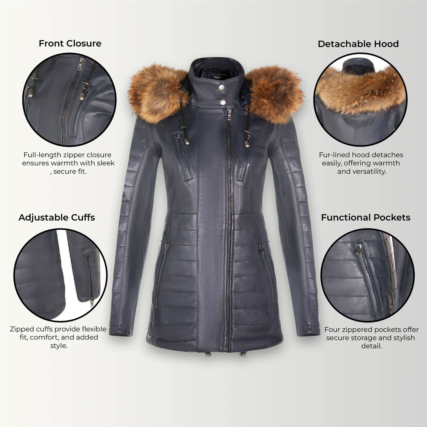 Womens Quilted Leather Parka Jacket-Winton - Picture 15 of 31