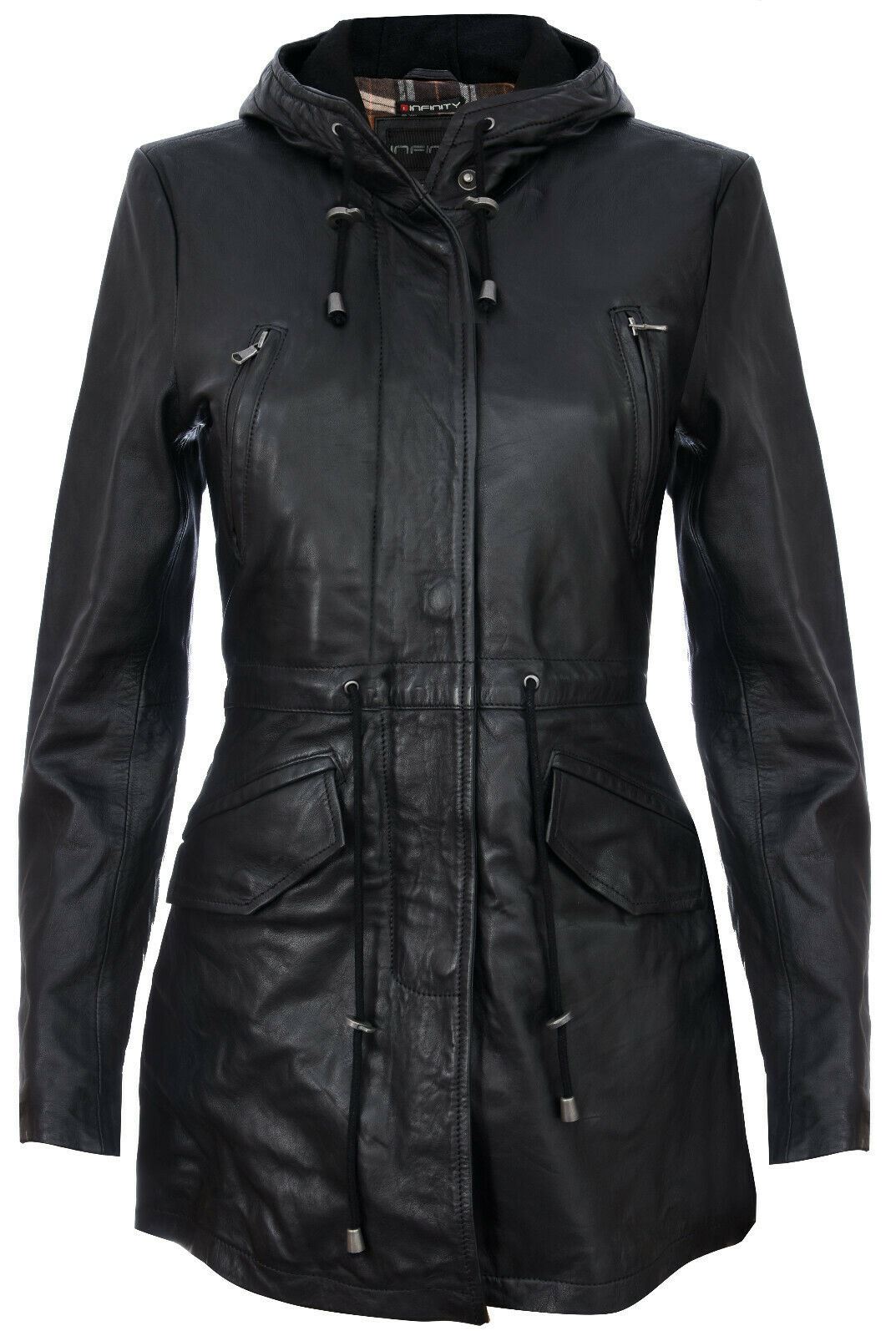 Women's Leather Hooded Parker Jacket Multi-Pocket Trench Coat - Picture 2 of 26