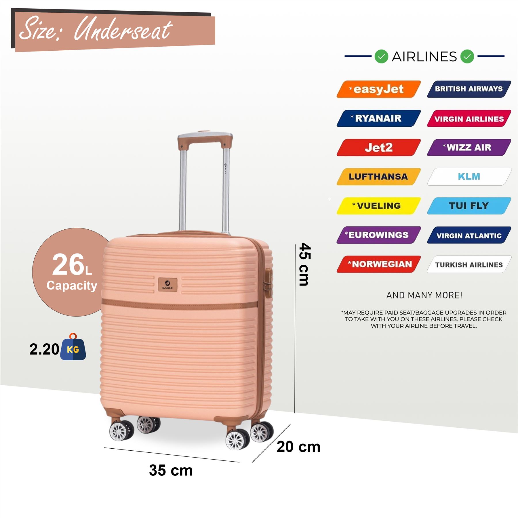 ABS Hardshell Underseat Cabin Suitcase 45 x 35 x 20 cm Suitable for Easyjet - Picture 36 of 51