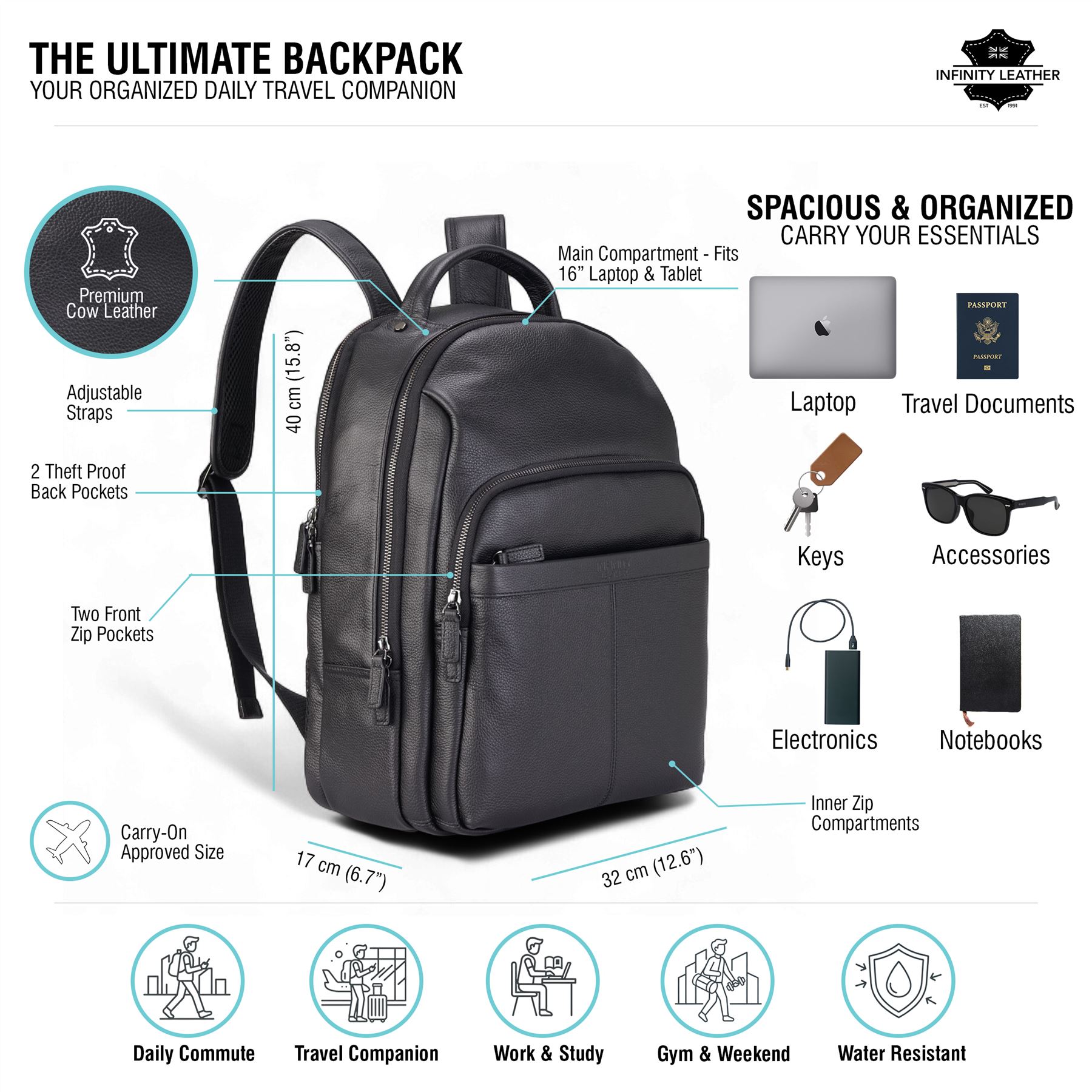 Mochila de Cuero Mochila Genuina Vintage Laptop Viaje Bolso de Hombro Unisex - Imagen 3 de 24