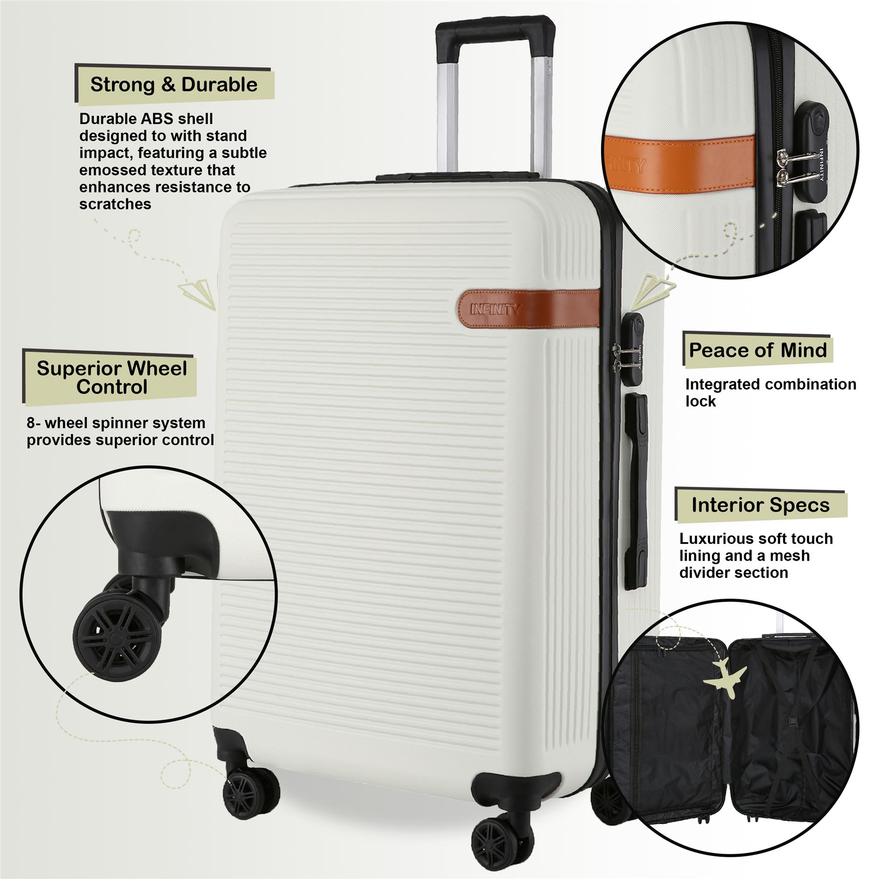 Hardshell Cream Cabin Suitcase Set Robust ABS Lightweight Luggage Holiday Bag - Picture 30 of 34