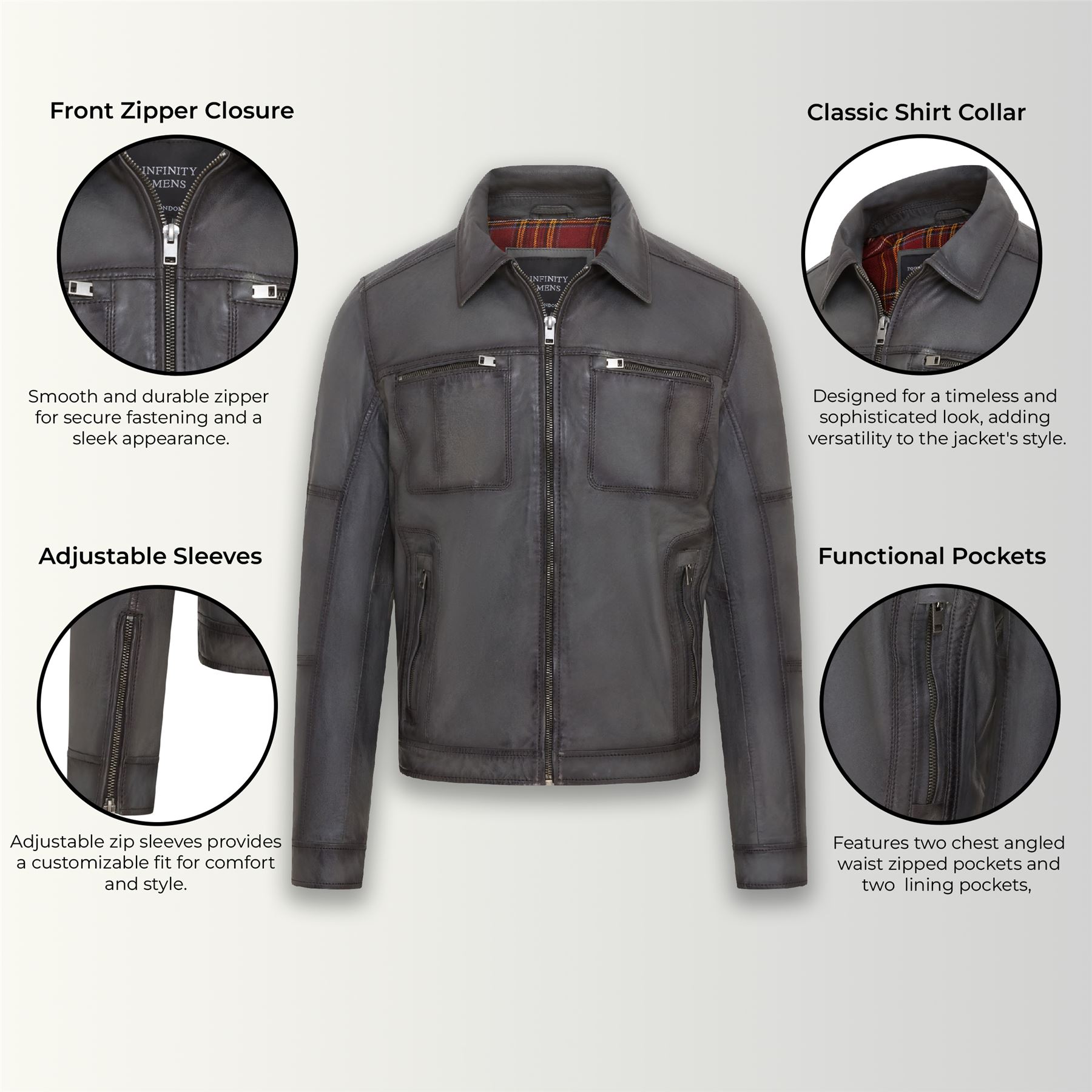 Men's Classic Leather Biker Jacket Vintage Short Leather Motorcycle Jacket - Picture 15 of 19