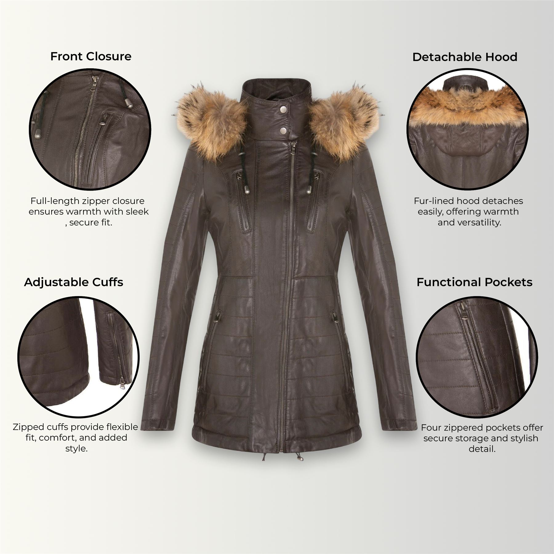 Womens Quilted Leather Parka Jacket-Winton - Picture 21 of 31