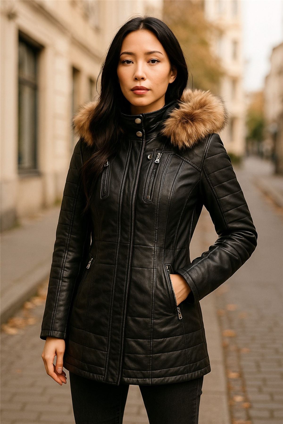 Womens Quilted Leather Parka Jacket-Winton - Picture 8 of 31